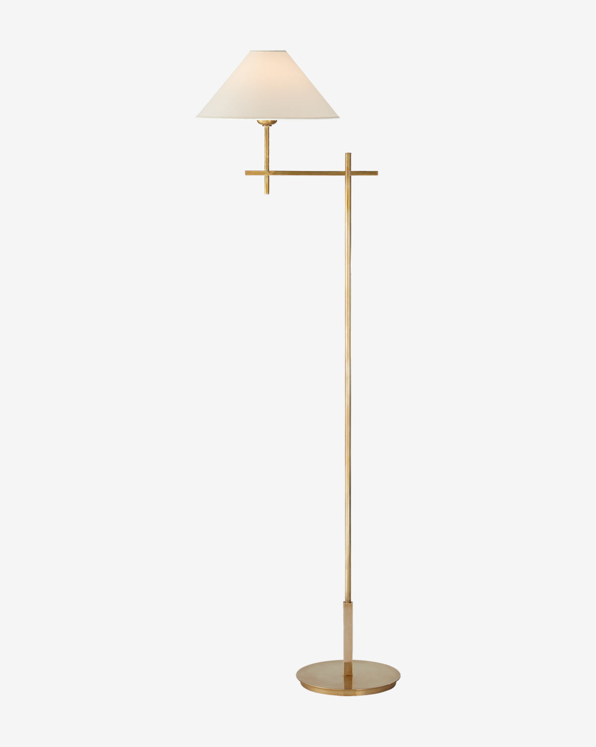 The Hackney Bridge Arm Floor Lamp features a slim gold stand, round base, horizontal arm, and white conical lampshade. Its modern, minimalist brass design stands out elegantly against a plain white background, by Vendixs