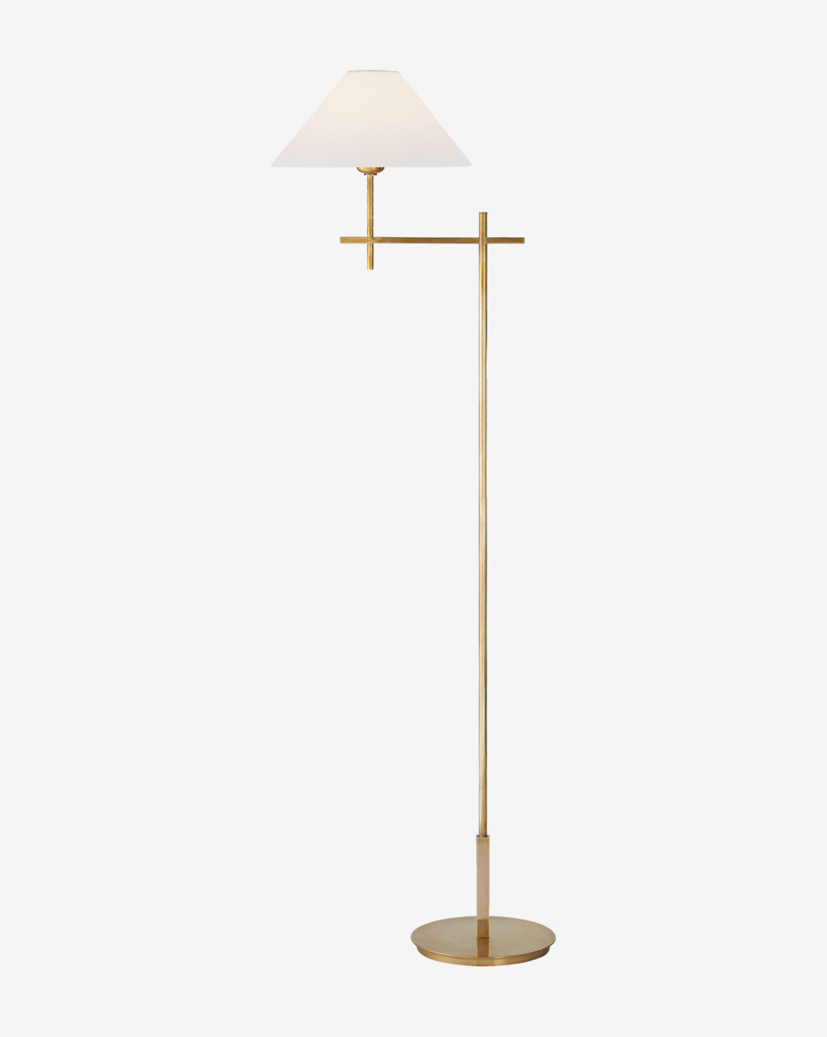 The Hackney Cordless Bridge Arm Floor Lamp features a slender gold metal stand, a horizontal arm, and a white cone-shaped shade in a modern, minimalist design set against a plain white background, by Vendixs
