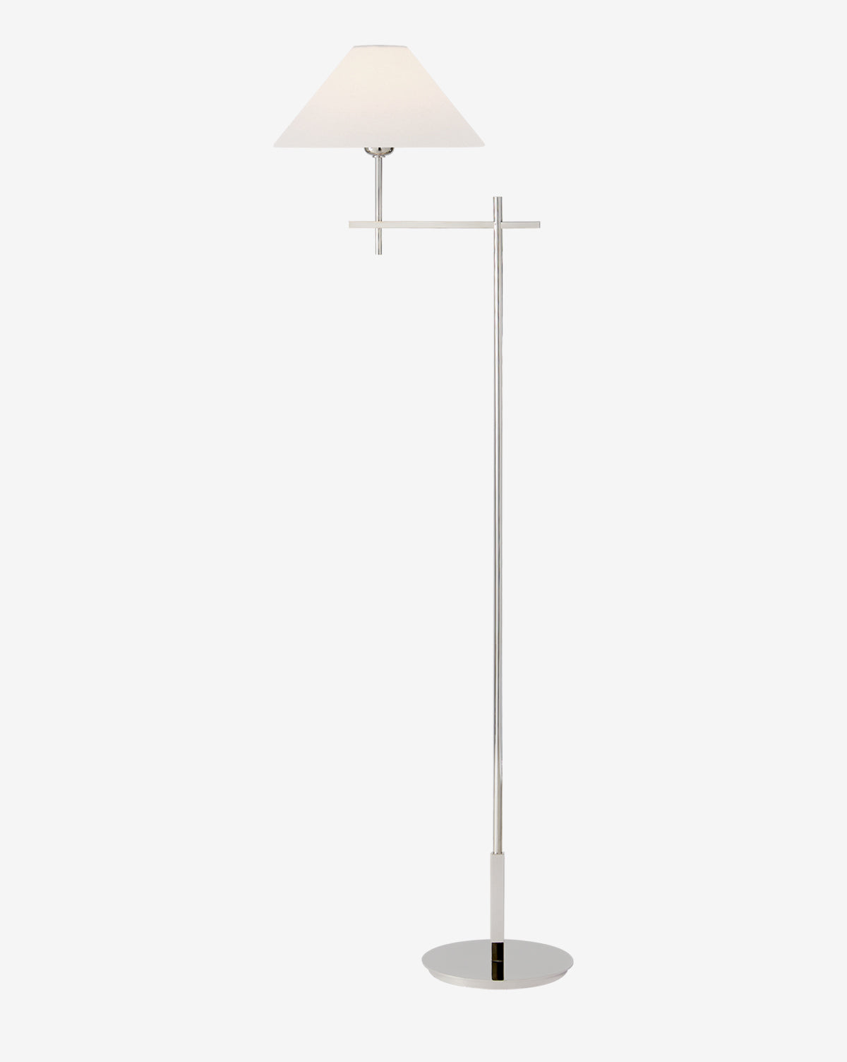 The Hackney Cordless Bridge Arm Floor Lamp features a slim brass stand, round base, horizontal top bar, and white cone-shaped shade for a minimalist, elegant look, by Vendixs