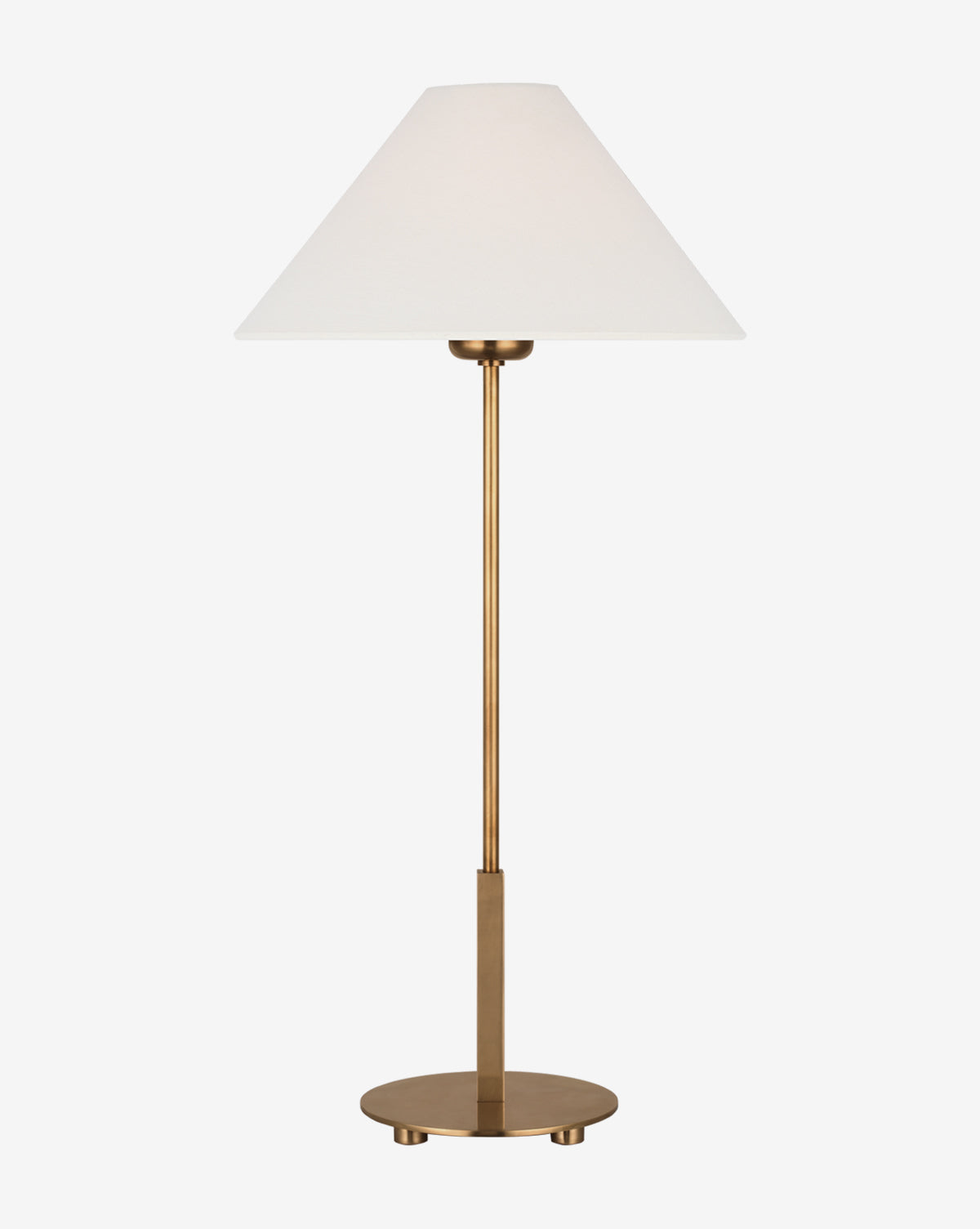 The Hackney Cordless Buffet Lamp by Visual Comfort & Co. Signature features a slim brass base and a wide white linen shade, showcased against a plain white background, Vendixs