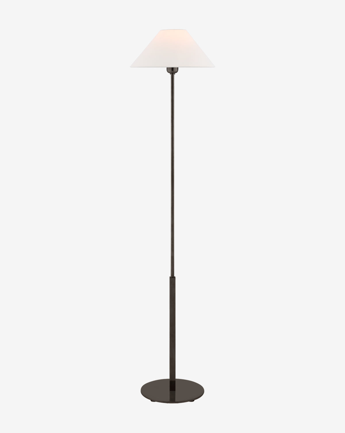 Certainly! Here is your blended sentence: The Hackney Cordless Floor Lamp by Visual Comfort & Co. Signature features a slim black stand, round base, and white linen shade, displayed against a plain light background, Vendixs
