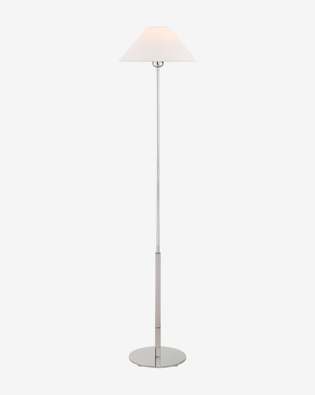 The Hackney Cordless Floor Lamp features a modern brass finish, slim metal stand, round base, and white conical shade, shown illuminated against a plain white background by Vendixs