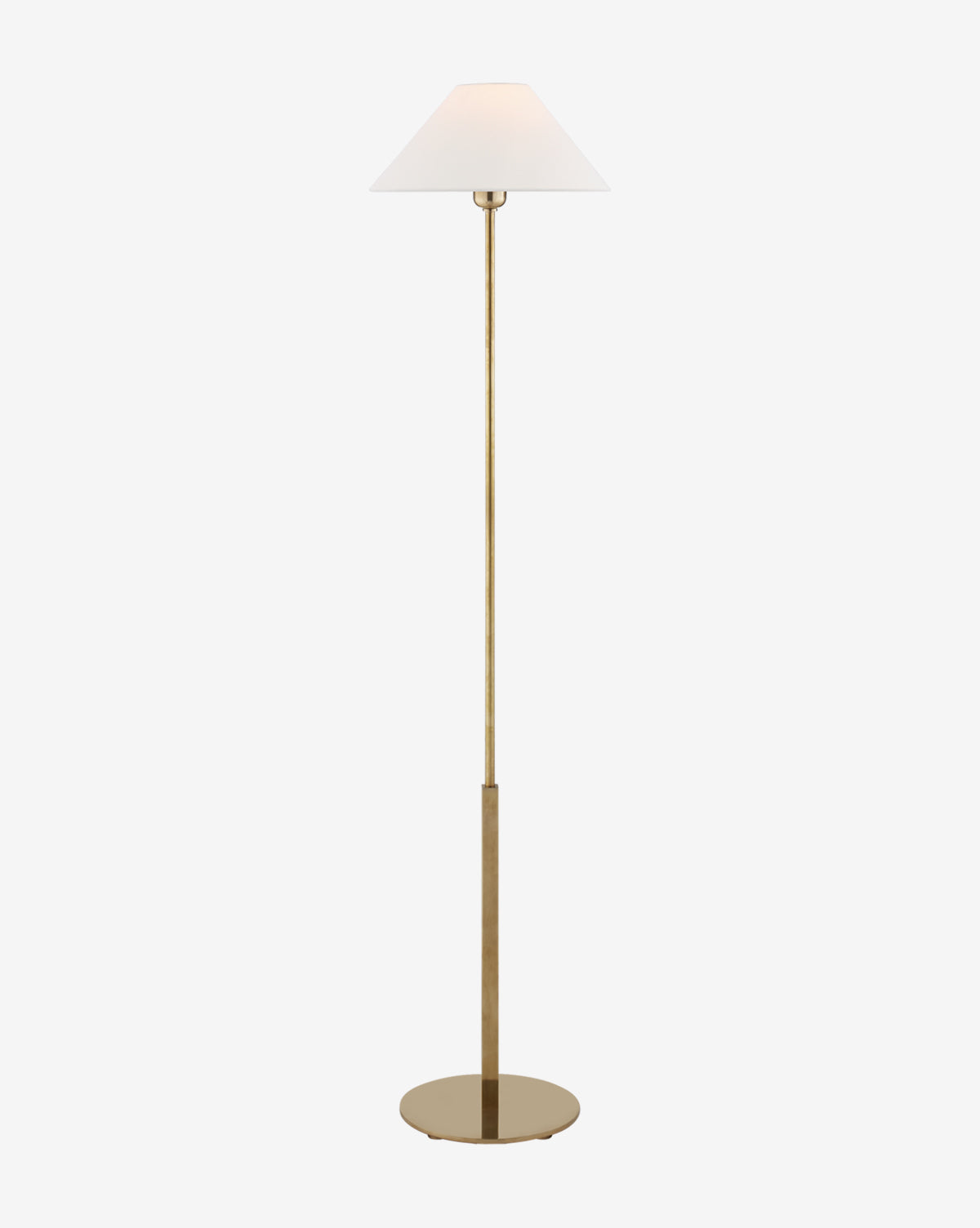 The Hackney Floor Lamp showcases a slim gold stand, a broad round base, and a white linen shade, offering a blend of elegance and simplicity on a plain white background, by Vendixs