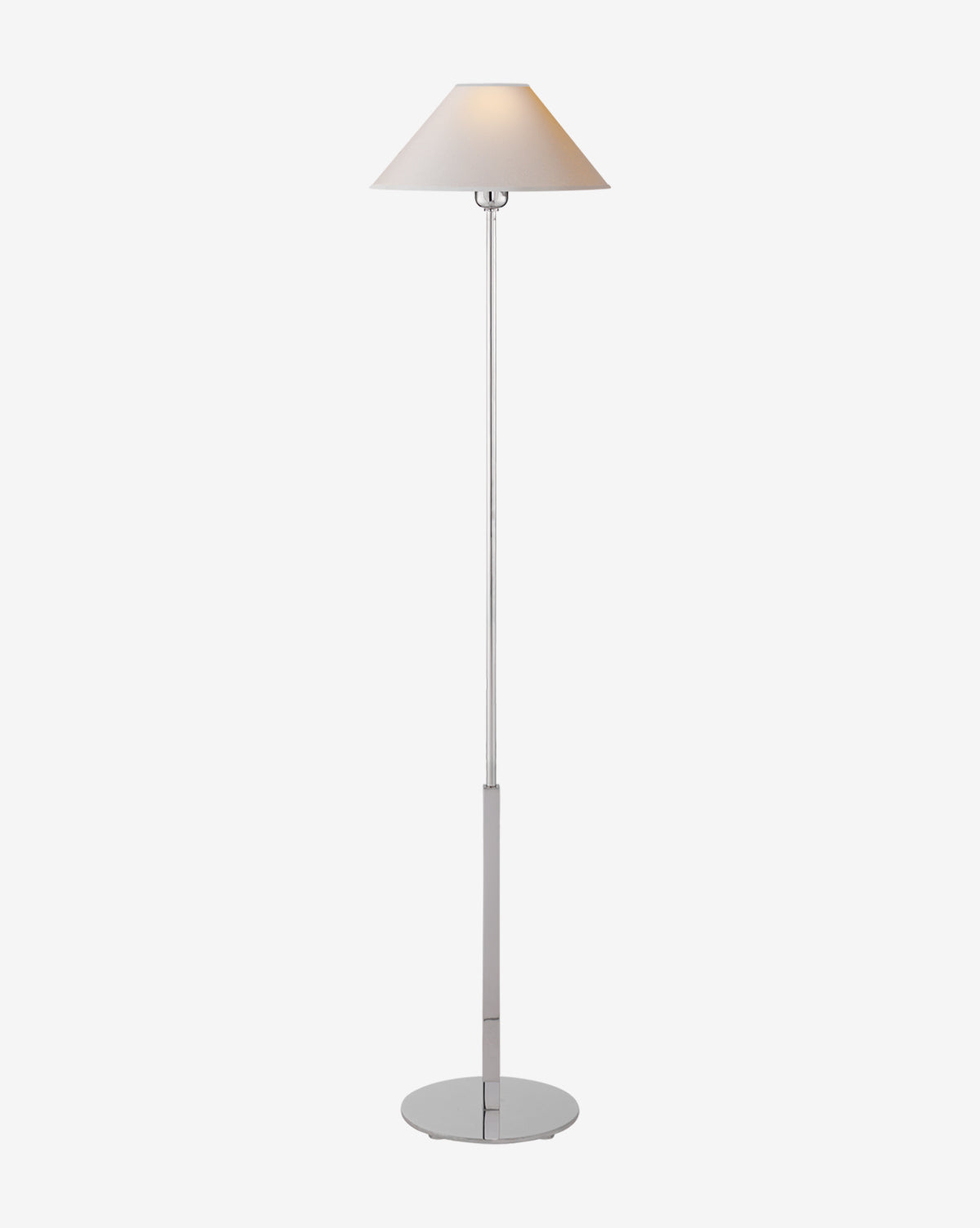 The Hackney Floor Lamp features a slim metallic stand, round base, and white linen shade, standing elegantly against a plain white background by Vendixs