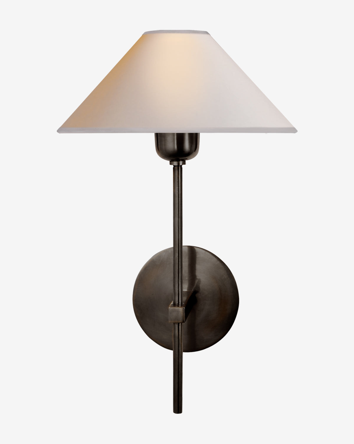 The Hackney Single Sconce by Visual Comfort & Co. Signature features a round matte black base, slender vertical rod, and wide linen shade, offering a soft glow—an elegant brass sconce for any space by Vendixs
