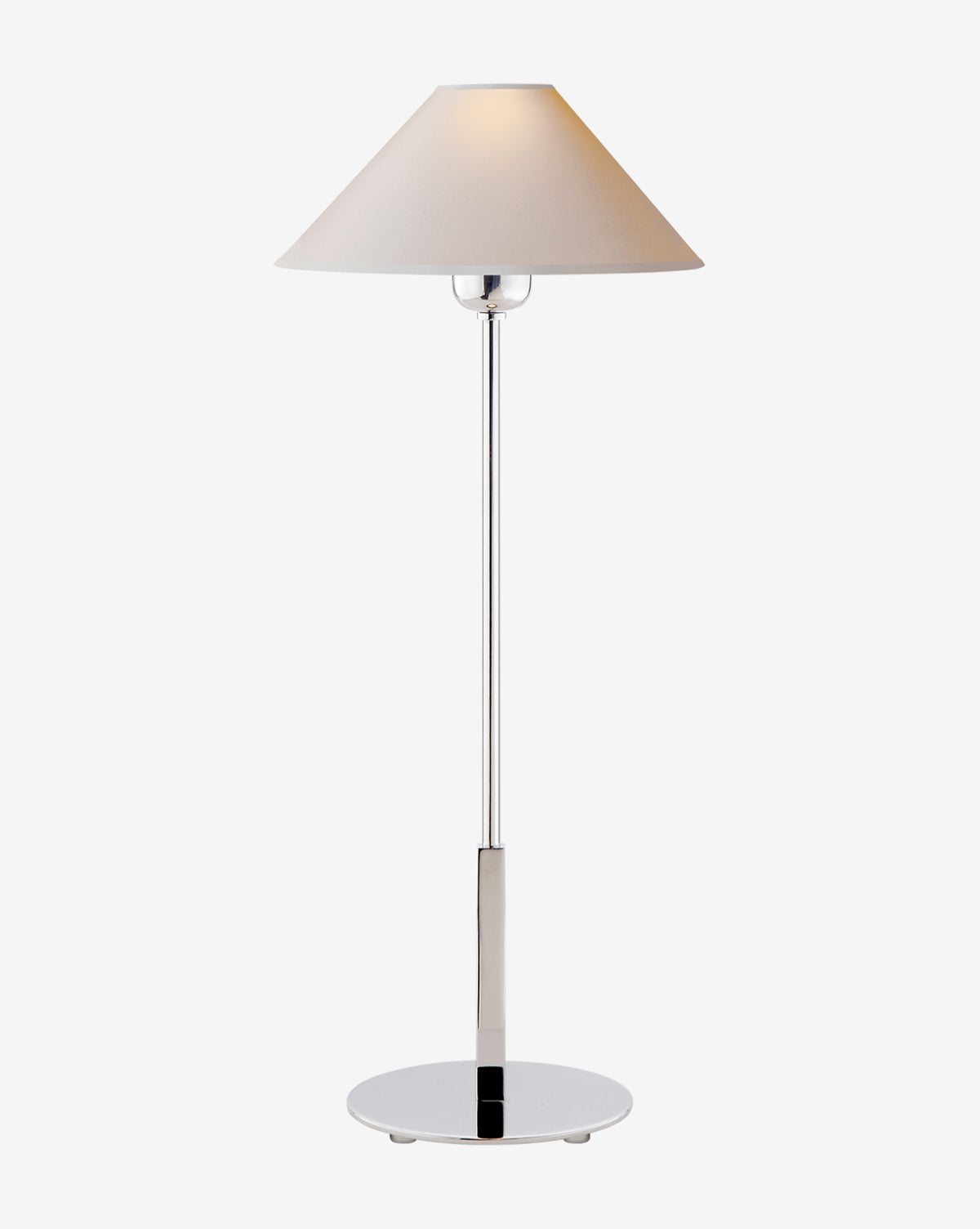 The Hackney Table Lamp features a modern brass body with a wide white linen shade, standing upright on a round metal base against a plain background, by Vendixs