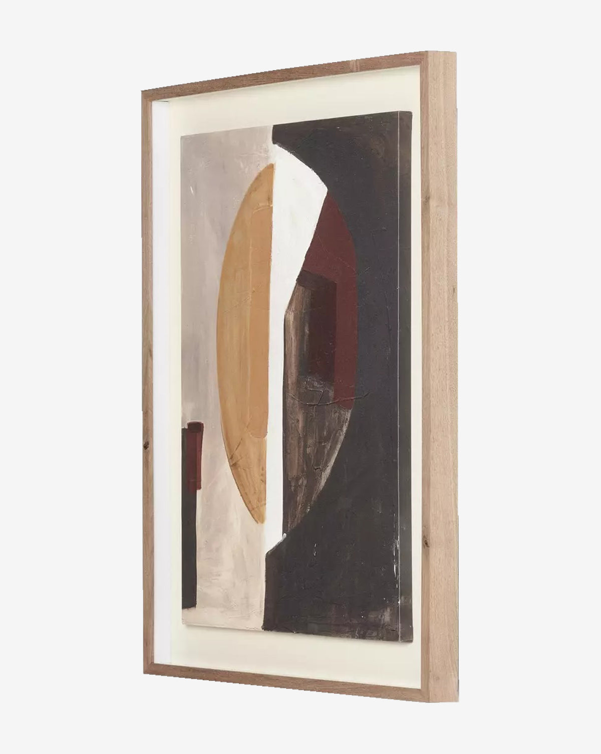 Half of Me by Amanda Ane is a framed abstract wall art with geometric shapes in brown, black, white, and beige on matte canvas. It features curved and straight lines set in a light walnut wood frame against a white background, by Vendixs