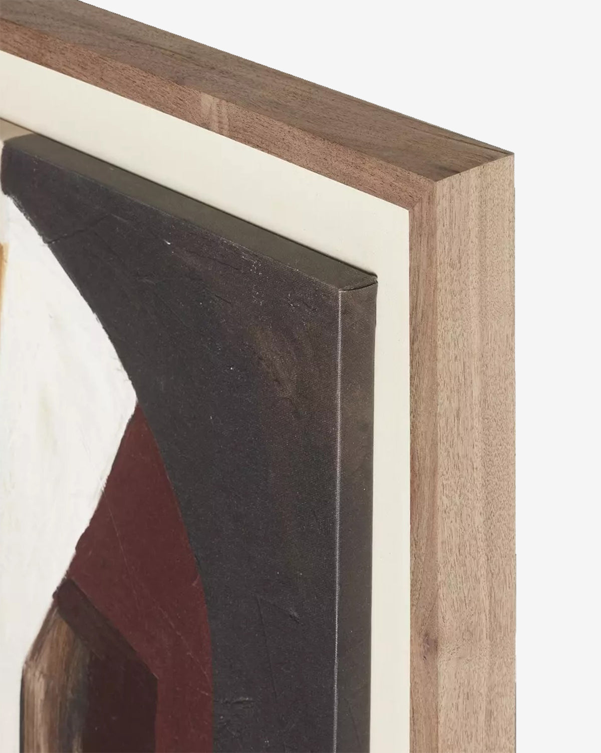 Close-up of Half of Me by Amanda Ane—abstract wall art with dark, white, and reddish-brown shapes on matte canvas. Features a light inner border and thick walnut wood frame against a plain white background, by Vendixs