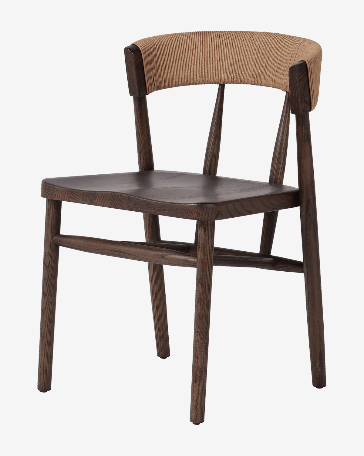 The Hallow Chair is a minimalist wooden oak dining chair with dark brown seat and legs, plus a curved, light tan textured backrest. Its modern design brings stylish flair to any space, by McGee & Co.