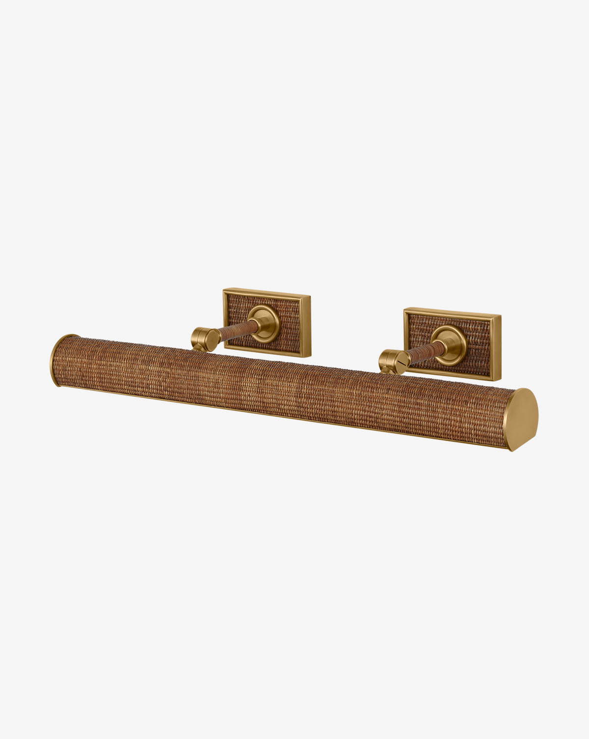 The Halwell Picture Light is a brass wall-mounted fixture with a textured cylindrical shade inspired by woven rattan and two rectangular backplates, ideal for illuminating vintage artwork against a plain white background, by Vendixs