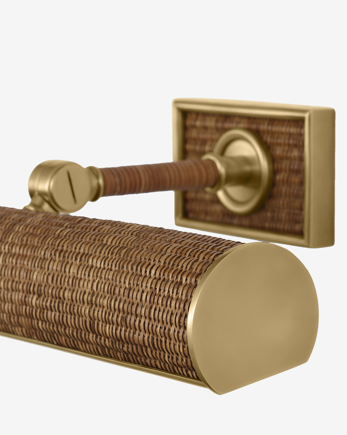 A close-up of the Halwell Picture Light, a gold-toned wall-mounted fixture featuring woven rattan detail on both the bar and mounting plate. The metallic accents evoke the sophisticated look of artwork or picture lighting, by Vendixs