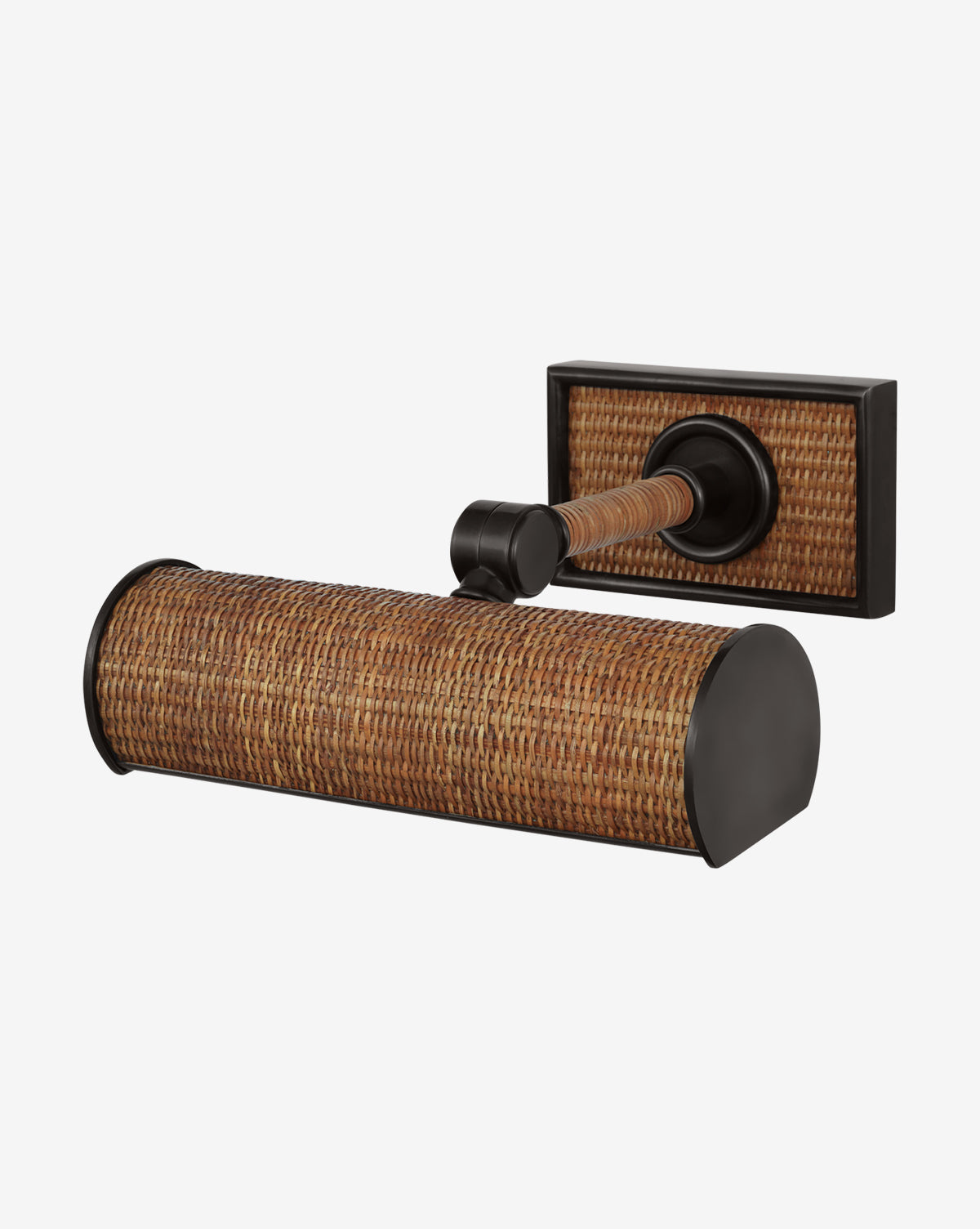 The Halwell Picture Light by Visual Comfort & Co. Signature is a wall-mounted toilet paper holder featuring a woven rattan design, dark metal accents, a rectangular backplate, and a cylindrical bar inspired by picture light fixtures by Vendixs
