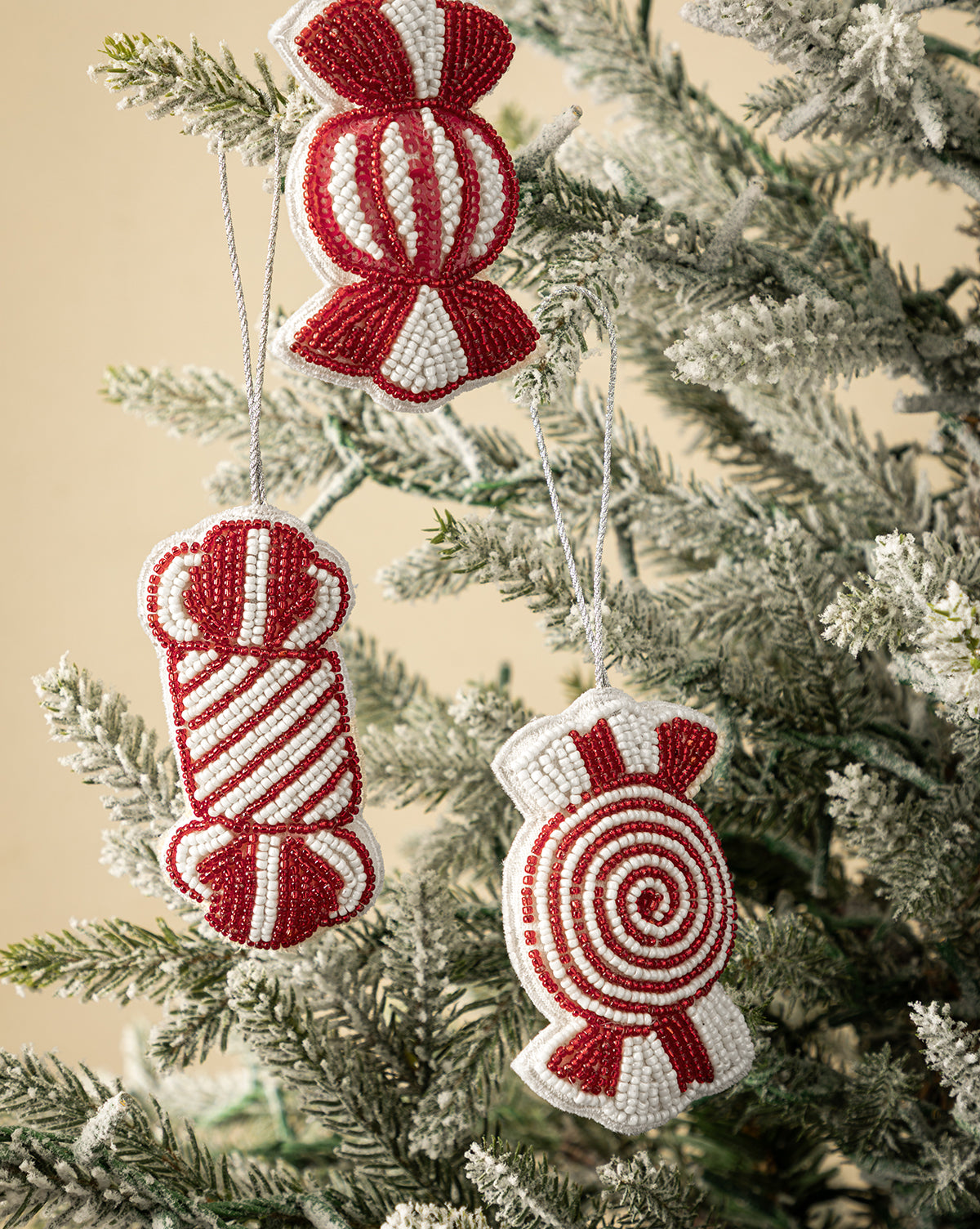 Handmade Beaded Candy Fabric Ornaments (Set of 3)