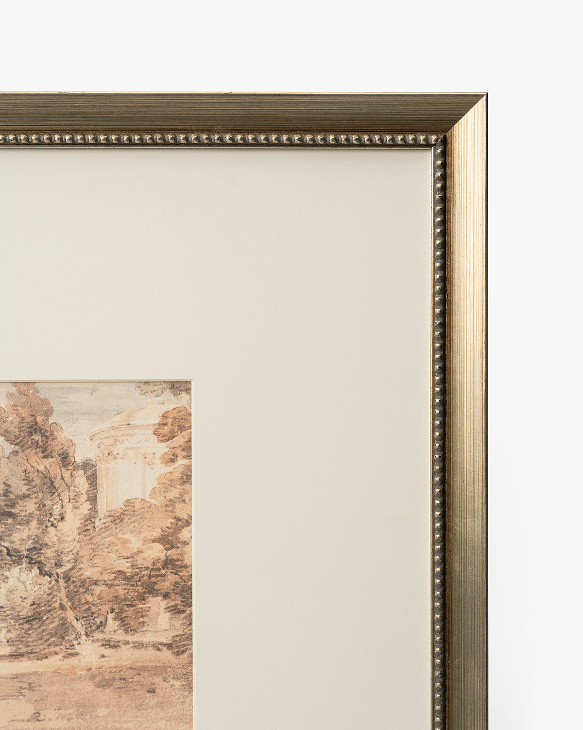 A close-up of the Harewood Park artwork shows its distressed silver wood frame with beaded detailing and a partially visible sepia-toned landscape giclee print inside, focusing on the top right corner, by Vendixs