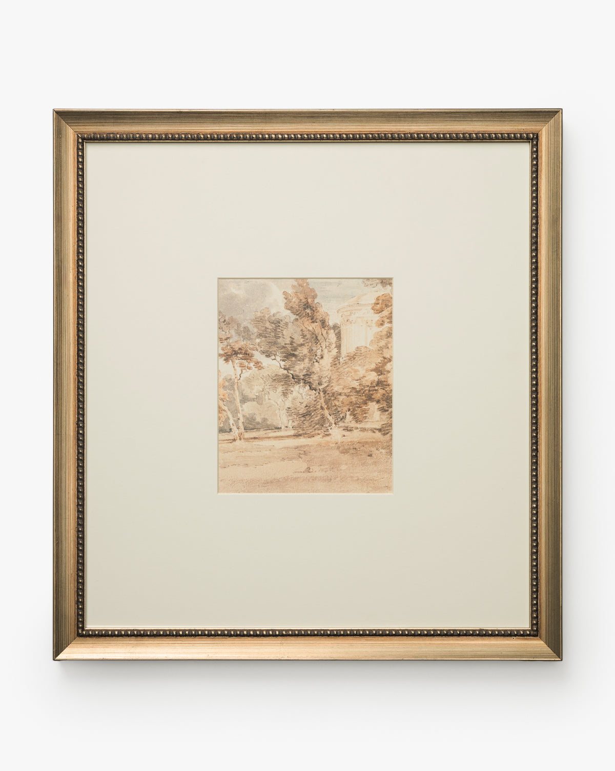 Harewood Park is a framed artwork with a gold beaded edge and wide white mat, showcasing a small, soft watercolor landscape of trees and distant buildings in muted earth tones, by Vendixs