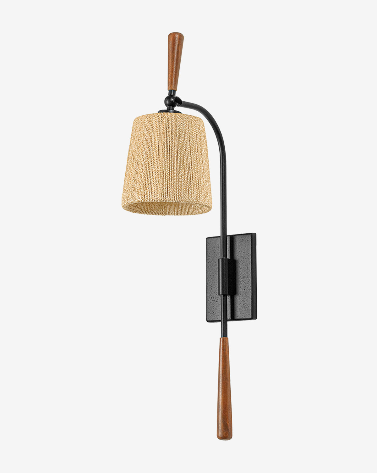 The Harlyn Sconce by Troy Lighting is a modern wall light with a natural abaca shade, black metal arm, and wooden accents on a rectangular black base by Vendixs