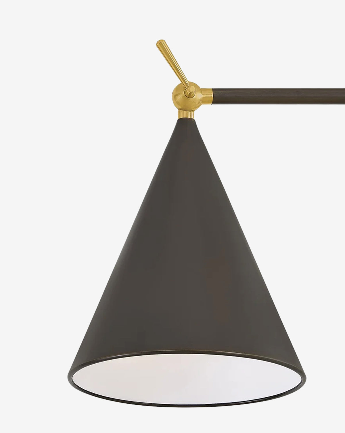 The Harriet Floor Lamp features a modern cone-shaped black shade with a white interior, suspended from a horizontal rod with a brass joint and handle, offering adjustable lighting in contemporary spaces, by Vendixs