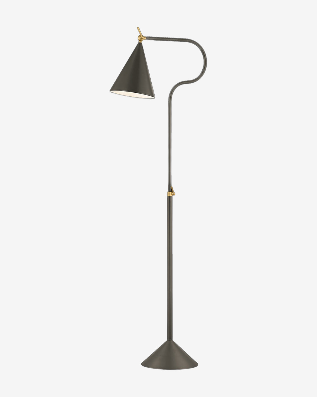 The Harriet Floor Lamp by Hudson Valley Lighting features a black metal body, cone-shaped base, and matching shade with brass joint accents and an adjustable curved neck, shown against a plain white background, Vendixs