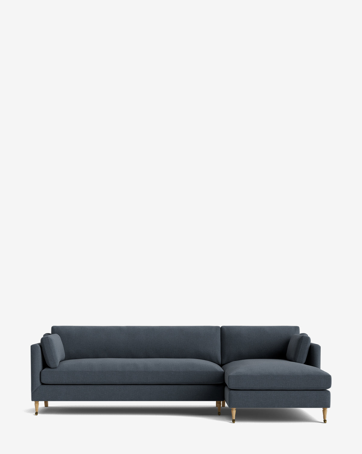 The Rowe Fine Furniture Haverford Upholstered Right Chaise Sectional features modern dark blue fabric, slim gold legs, and a right-facing chaise lounge, shown here against a plain white background. Vendixs