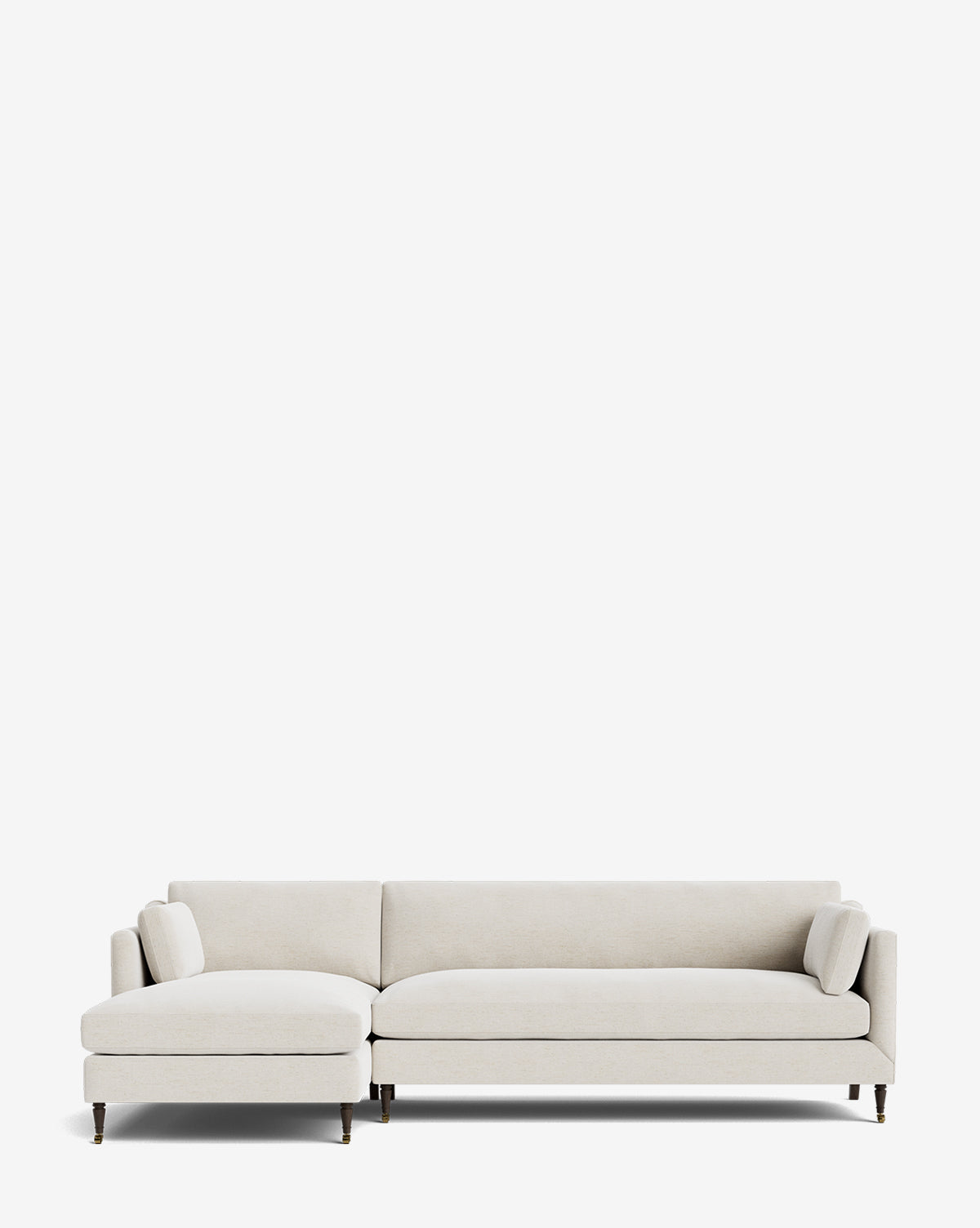 The Rowe Fine Furniture Haverford Upholstered Left Chaise Sectional features a modern light beige design with slim dark wooden legs, shown here against a plain white background, from Vendixs
