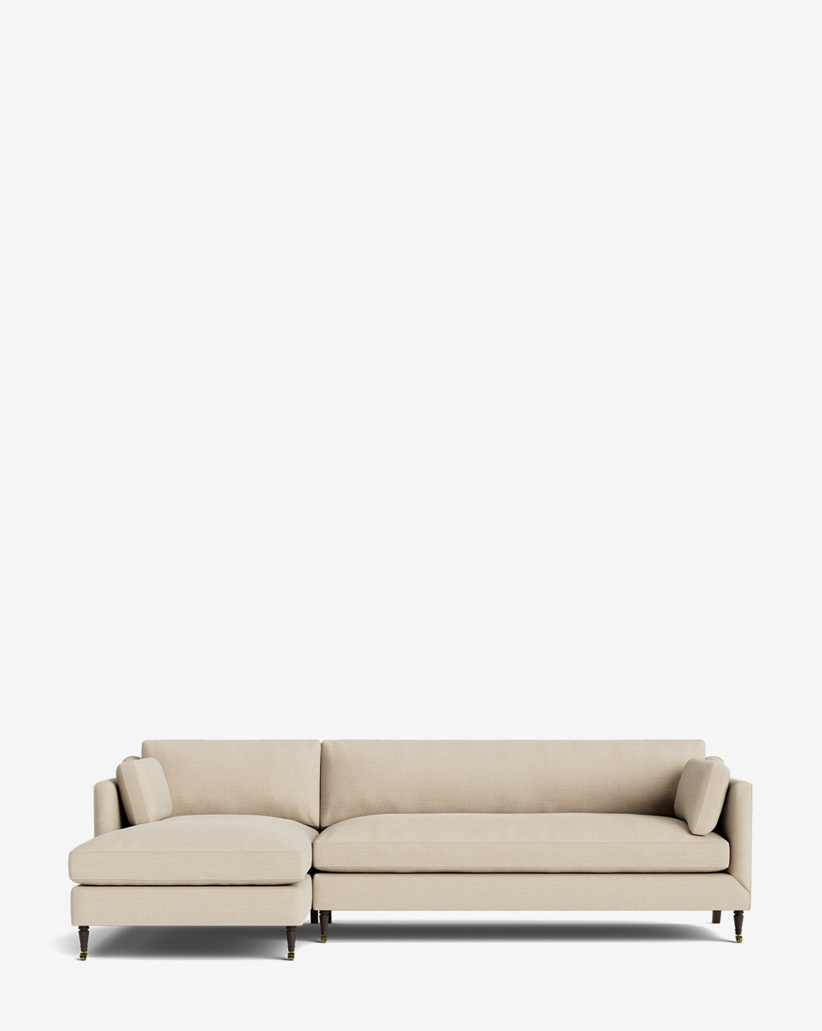 The Haverford Upholstered Left Chaise Sectional by Rowe Fine Furniture features a modern design with slim dark legs, set against a white background for a stylish, customizable sofa option by Vendixs