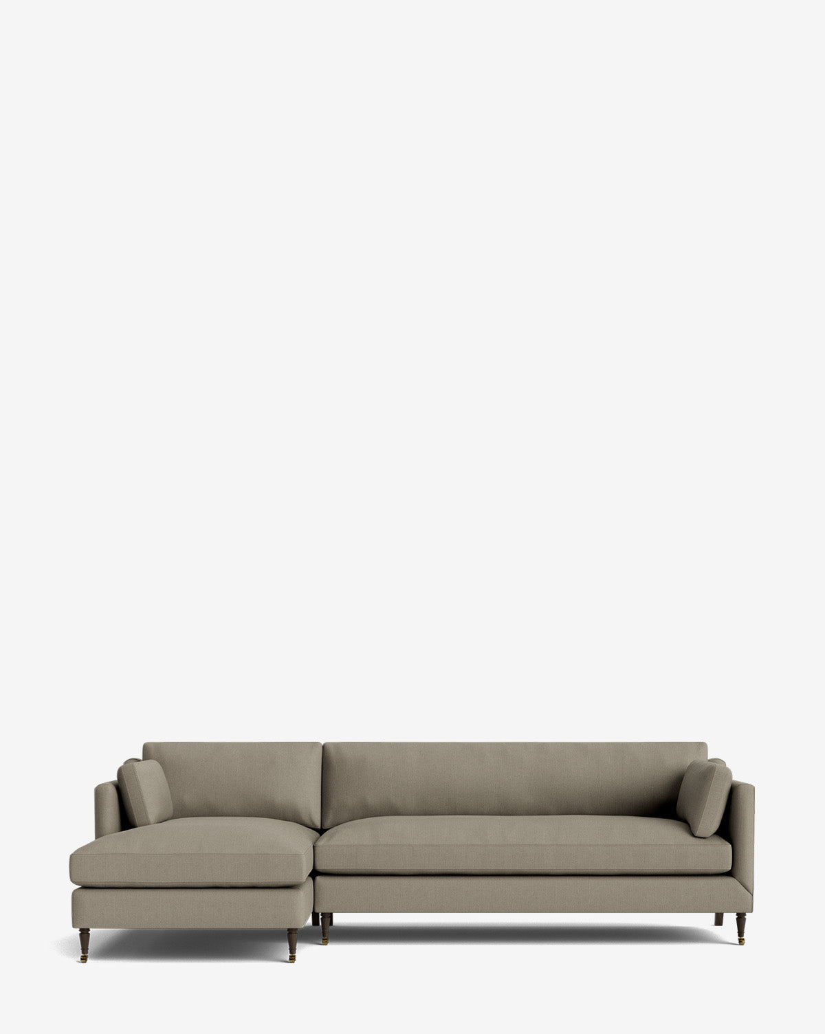 The Haverford Upholstered Left Chaise Sectional features a light grey fabric, left-side chaise, and wooden legs. Made to order, this contemporary sofa brings style and comfort to your living space. Photographed on a plain white background, by Vendixs
