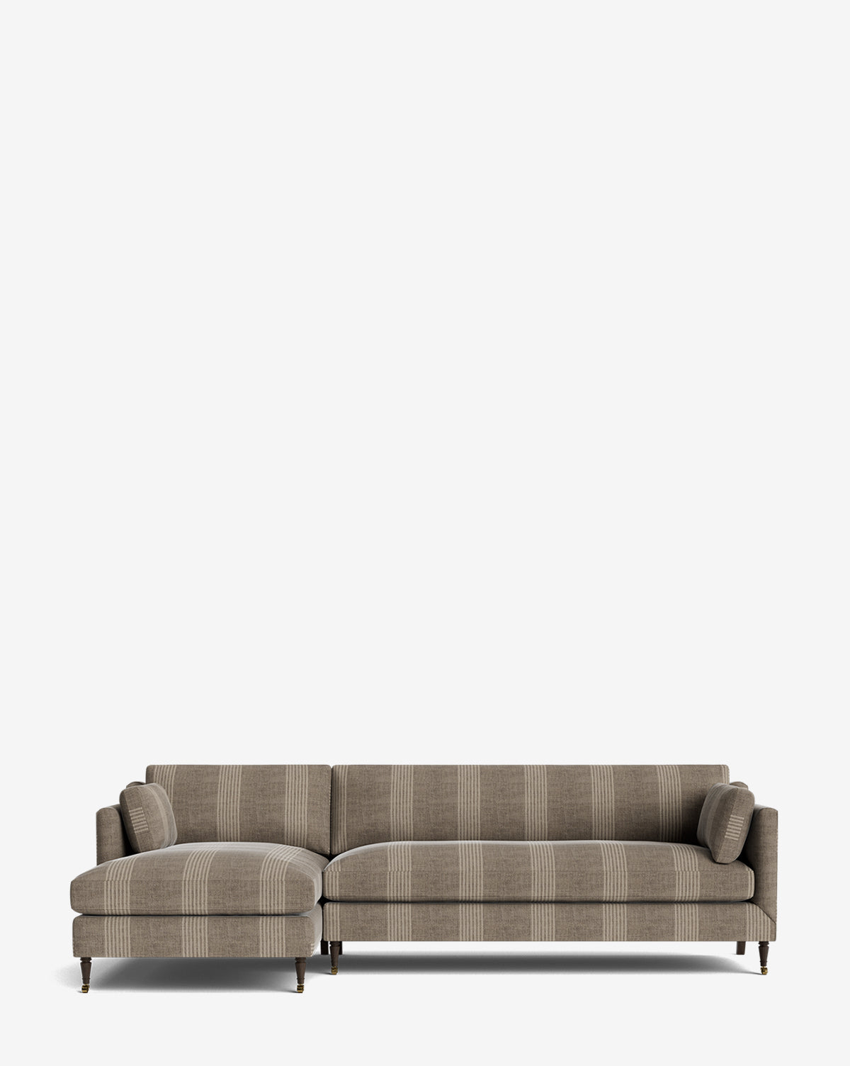 The Haverford Upholstered Left Chaise Sectional by Rowe Fine Furniture features brown fabric with beige stripes and includes two matching cylindrical cushions, set against a plain white background. Vendixs
