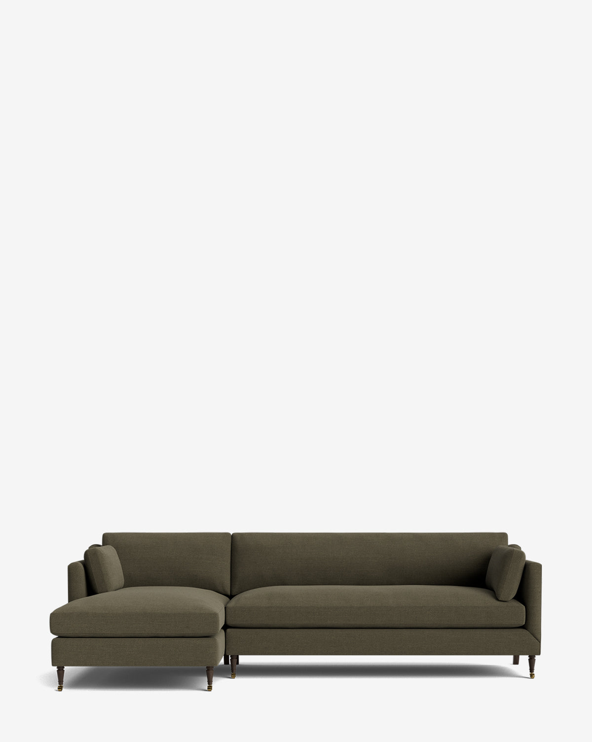 The Haverford Upholstered Left Chaise Sectional by Rowe Fine Furniture features olive green upholstery, slim seat cushions, two armrests, two bolster pillows, and slender dark legs—a customizable modern sofa for any living space. Vendixs