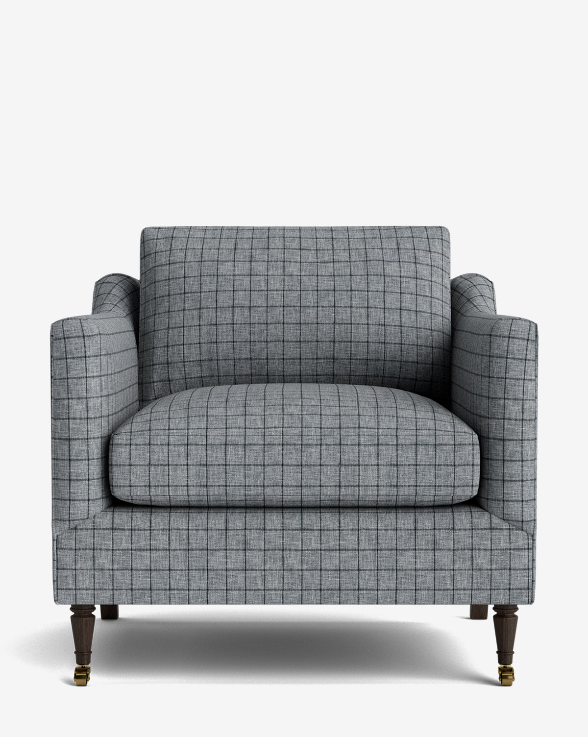 The Haverford Upholstered Lounge Chair is gray with a checkered pattern, straight arms, and dark wooden legs—two with brass caster wheels, by McGee & Co. Shown from the front against a white background.