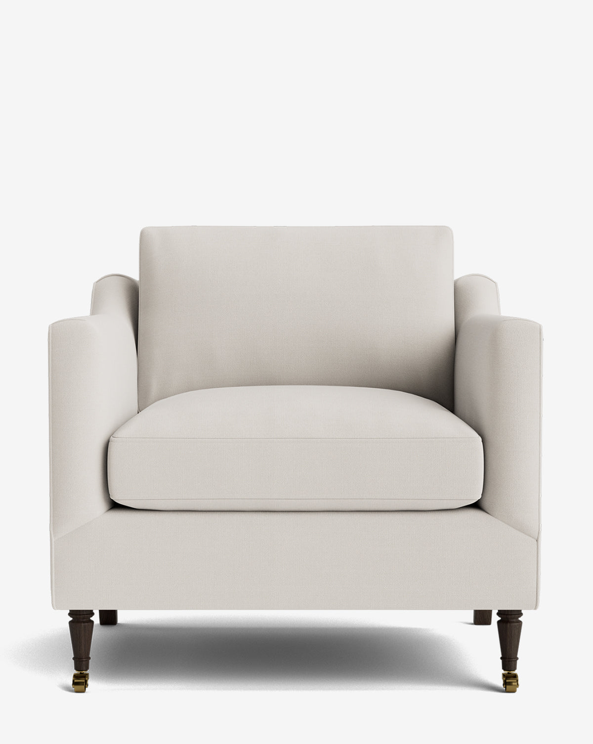 Front view of the Haverford Upholstered Lounge Chair, featuring light beige fabric, square arms, a wide cushioned seat, and dark wooden legs with brass casters on the front legs, set against a plain white background by McGee & Co.