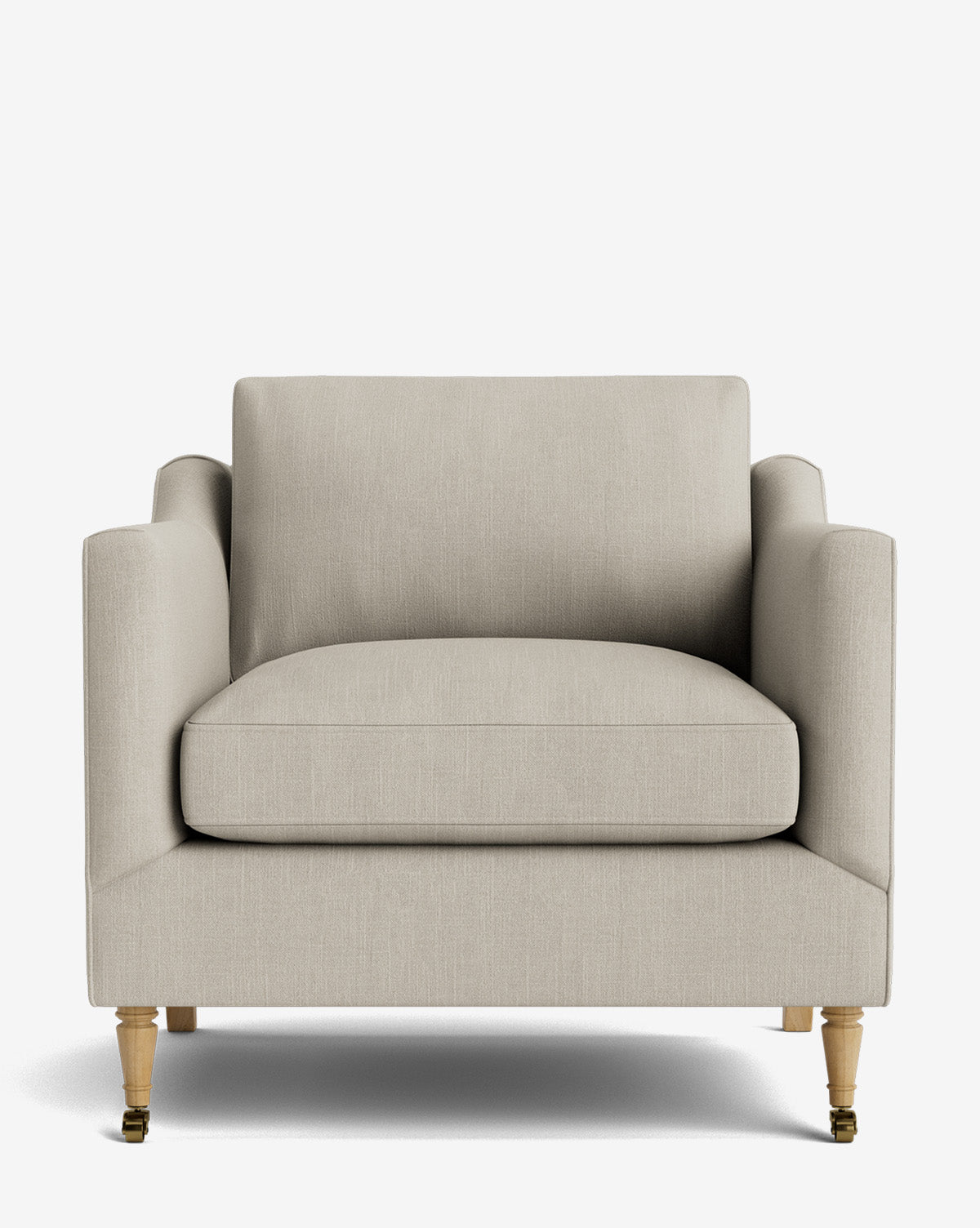 The Haverford Upholstered Lounge Chair features beige fabric, square arms, a wide seat cushion, and wooden legs—front two with small caster wheels—shown against a plain white background by McGee & Co.