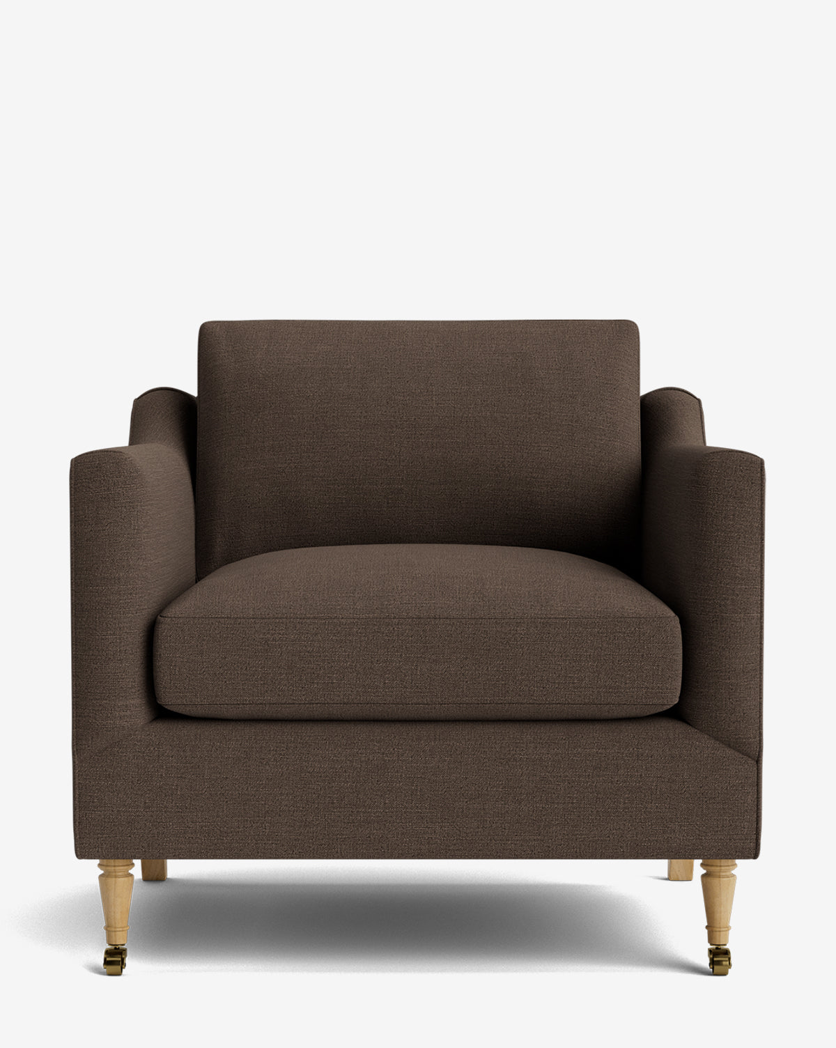 The Haverford Upholstered Lounge Chair features dark brown upholstery, square arms, a wide cushioned seat, and light wood legs with brass casters, displayed against a plain white background by McGee & Co.