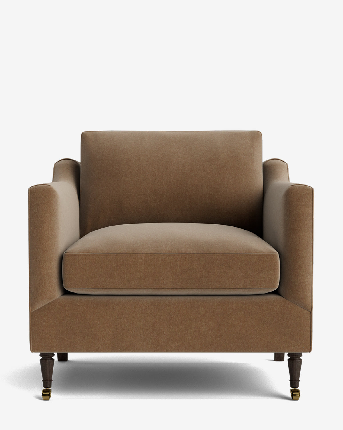 The Haverford Upholstered Lounge Chair features brown upholstery, a wide seat, square arms, and dark wooden legs—two with brass-colored casters—combining classic comfort and customizable style against a plain white background by McGee & Co.