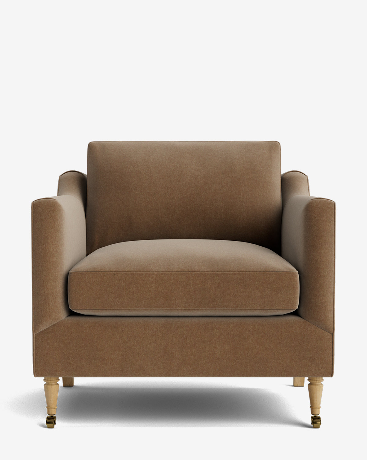 The Haverford Upholstered Lounge Chair features wide, modern design with brown fabric, straight arms, and wooden legs with brass casters, displayed against a plain white background by McGee & Co.