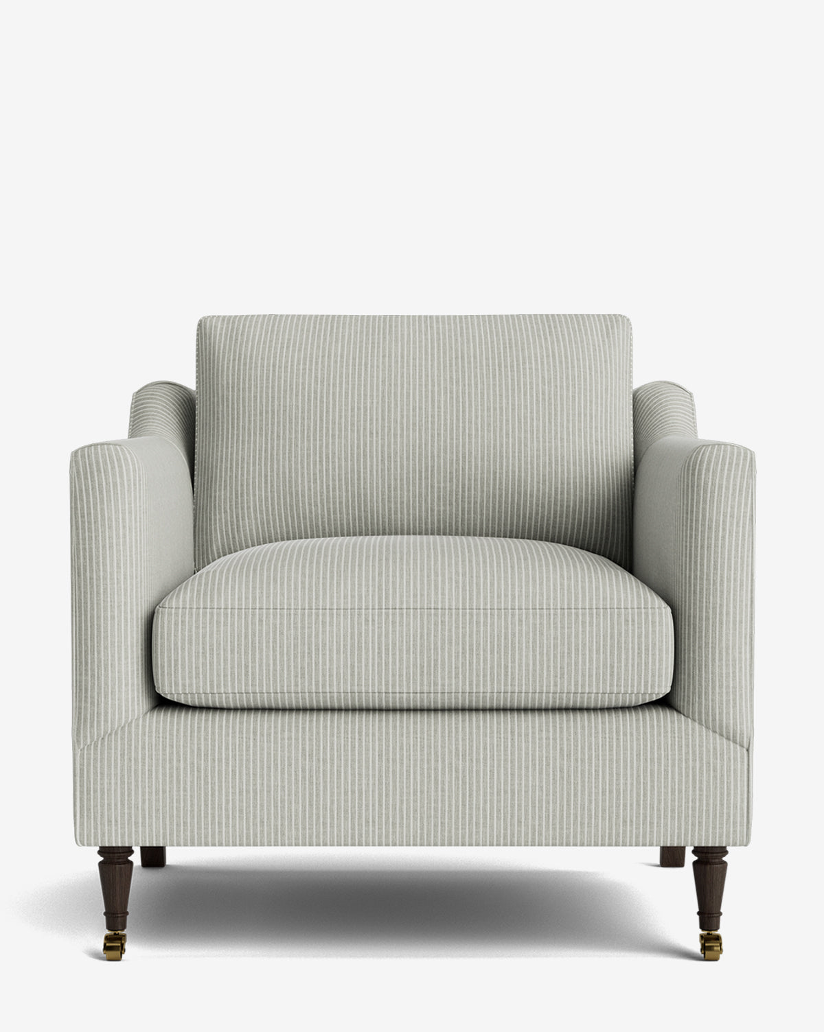 The Haverford Upholstered Lounge Chair features light gray and white vertical stripes, straight arms, and dark wooden front legs with brass casters, displayed against a plain white background by McGee & Co.