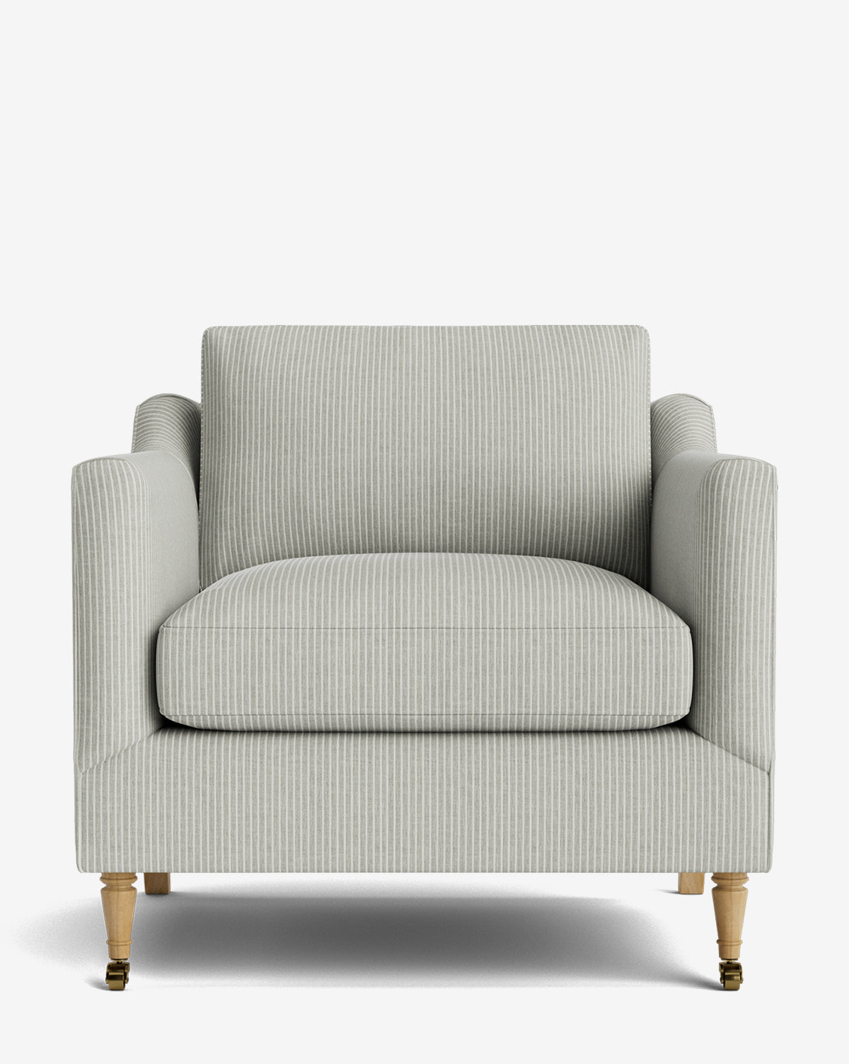 The Haverford Upholstered Lounge Chair features light gray and white vertical stripes, plush upholstery, wooden front legs with metal casters, plain wooden back legs, and is displayed against a white background by McGee & Co.