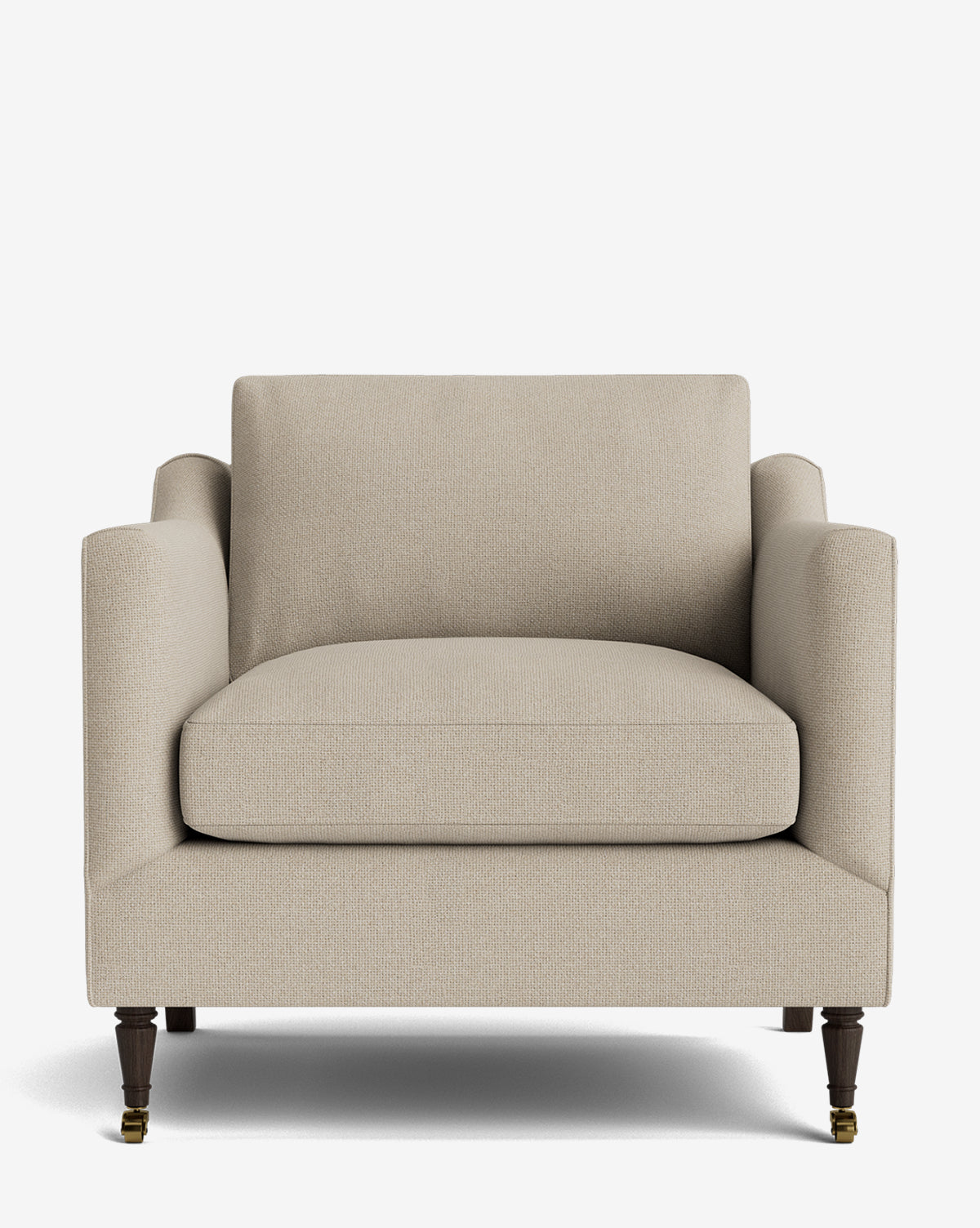 The Haverford Upholstered Lounge Chair is a modern beige seat with square arms, a wide cushion, and dark wooden legs featuring brass casters, displayed against a white background by McGee & Co.