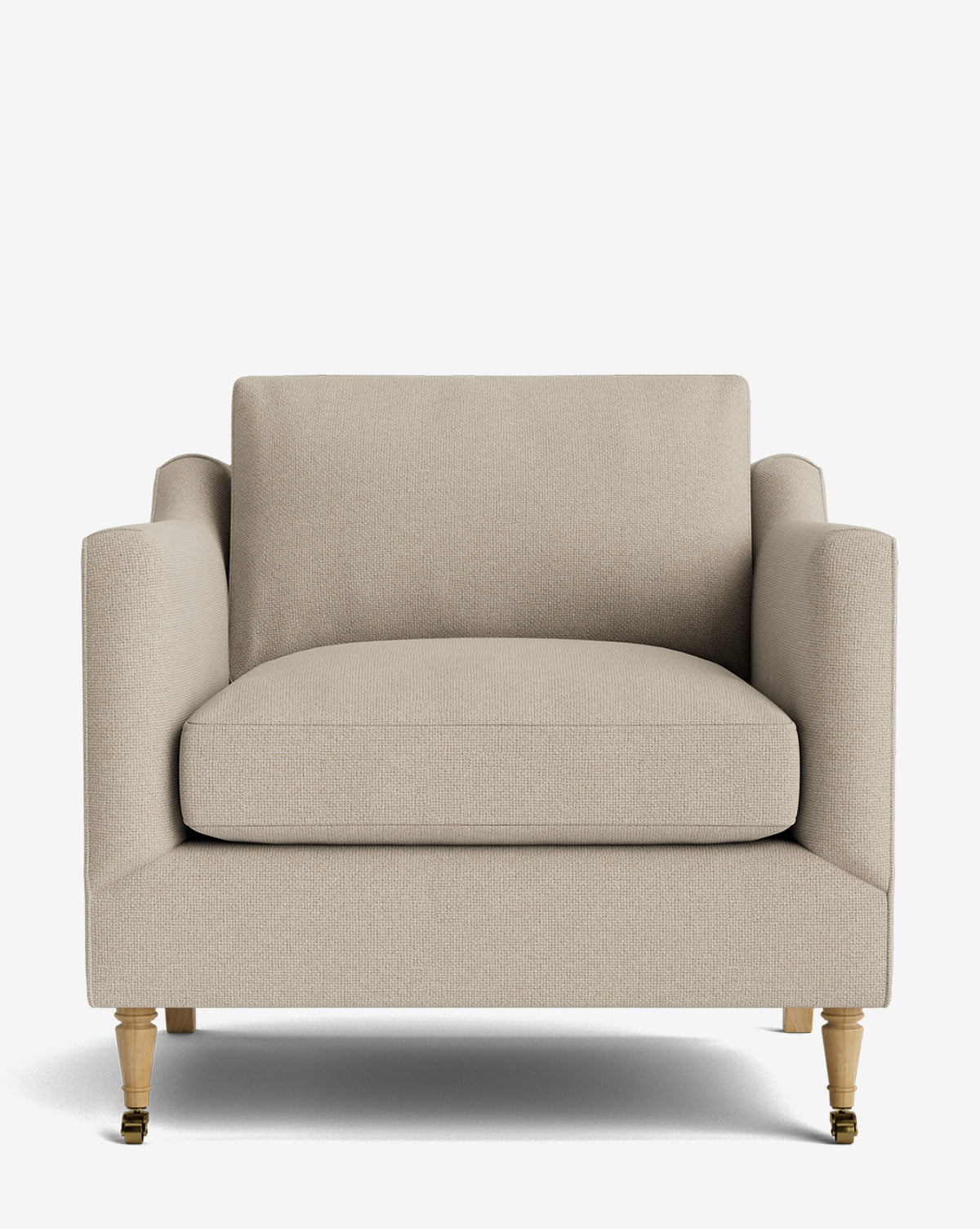 The Haverford Upholstered Lounge Chair features a beige fabric, square arms, cushioned seat and backrest, and light wooden legs with small castor wheels, shown from the front against a plain background by McGee & Co.