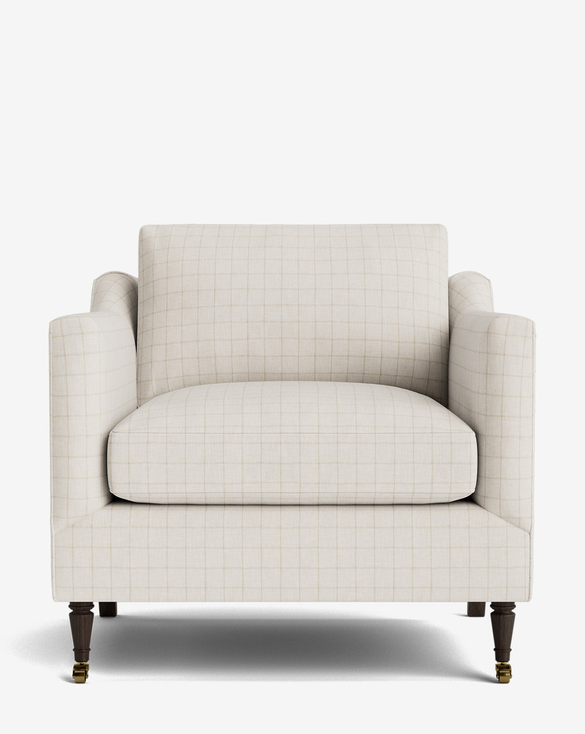 The Haverford Upholstered Lounge Chair features light beige fabric with a subtle grid pattern, a wide cushioned seat and back, straight arms, and dark wooden legs with brass front casters, by McGee & Co. Shown against a white background.