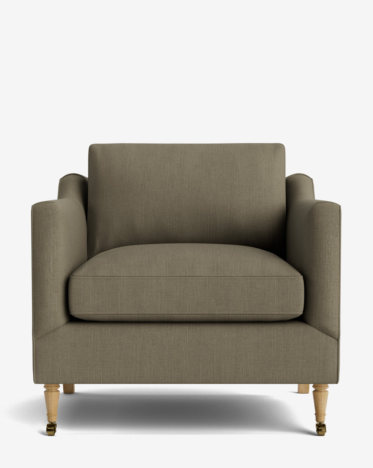 The Haverford Upholstered Lounge Chair is a wide, olive-green seat with square cushions, straight arms, and wooden legs with small brass casters on the front feet, displayed against a plain white background by McGee & Co.