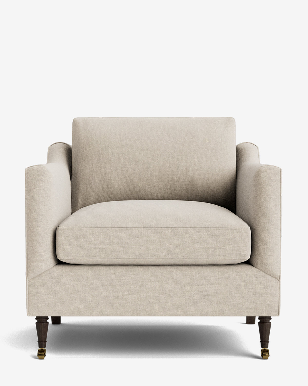 The Haverford Upholstered Lounge Chair features beige fabric, square arms, a wide seat cushion, and dark wooden legs with brass casters on the front, displayed against a plain white background by McGee & Co.