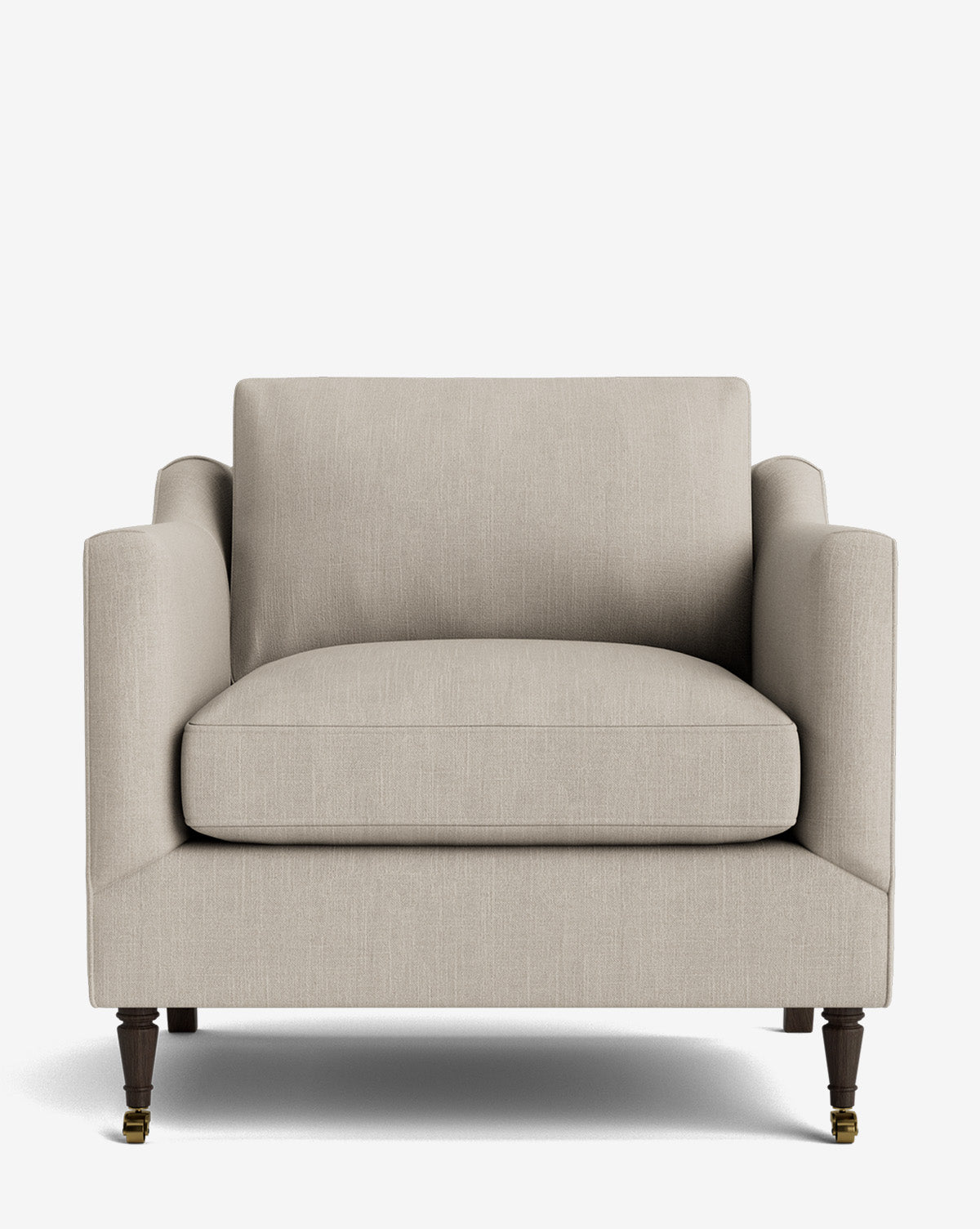 The Haverford Upholstered Lounge Chair features beige fabric, square arms, a deep seat cushion, and dark wooden legs with brass castors, shown against a white background by McGee & Co.