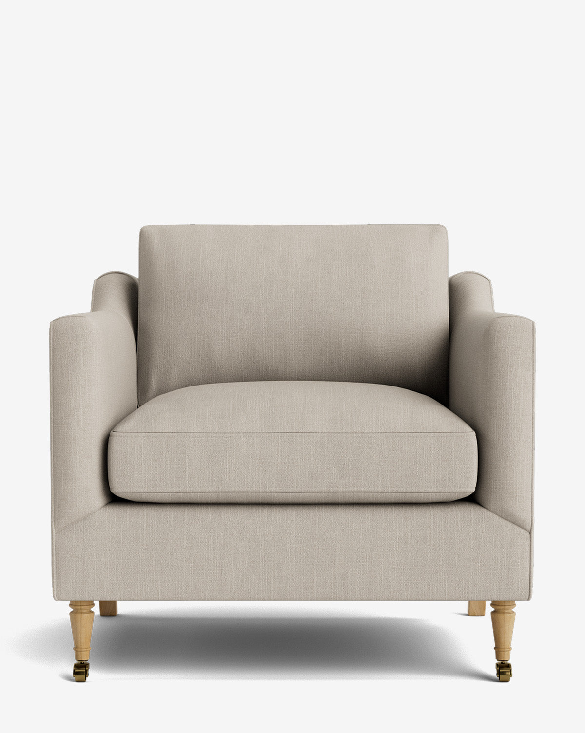 The Haverford Upholstered Lounge Chair features a modern design in light beige, square arms, a plush seat cushion, and wooden legs with brass castors, shown from the front against a plain white background by McGee & Co.