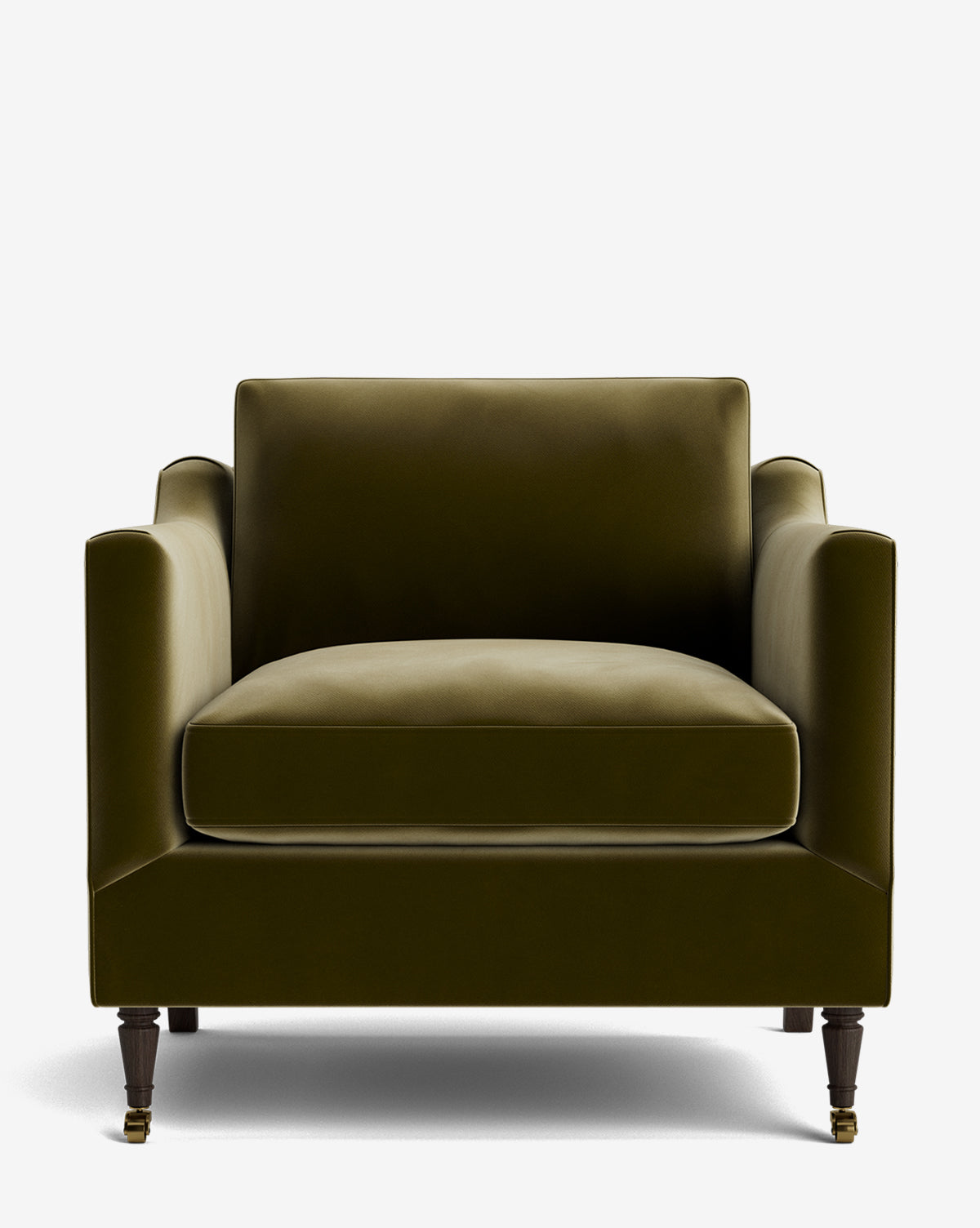 The Haverford Upholstered Lounge Chair features an olive green fabric, wide seat, square arms, and wooden legs with front brass castors for elegance, shown here against a plain white background by McGee & Co.