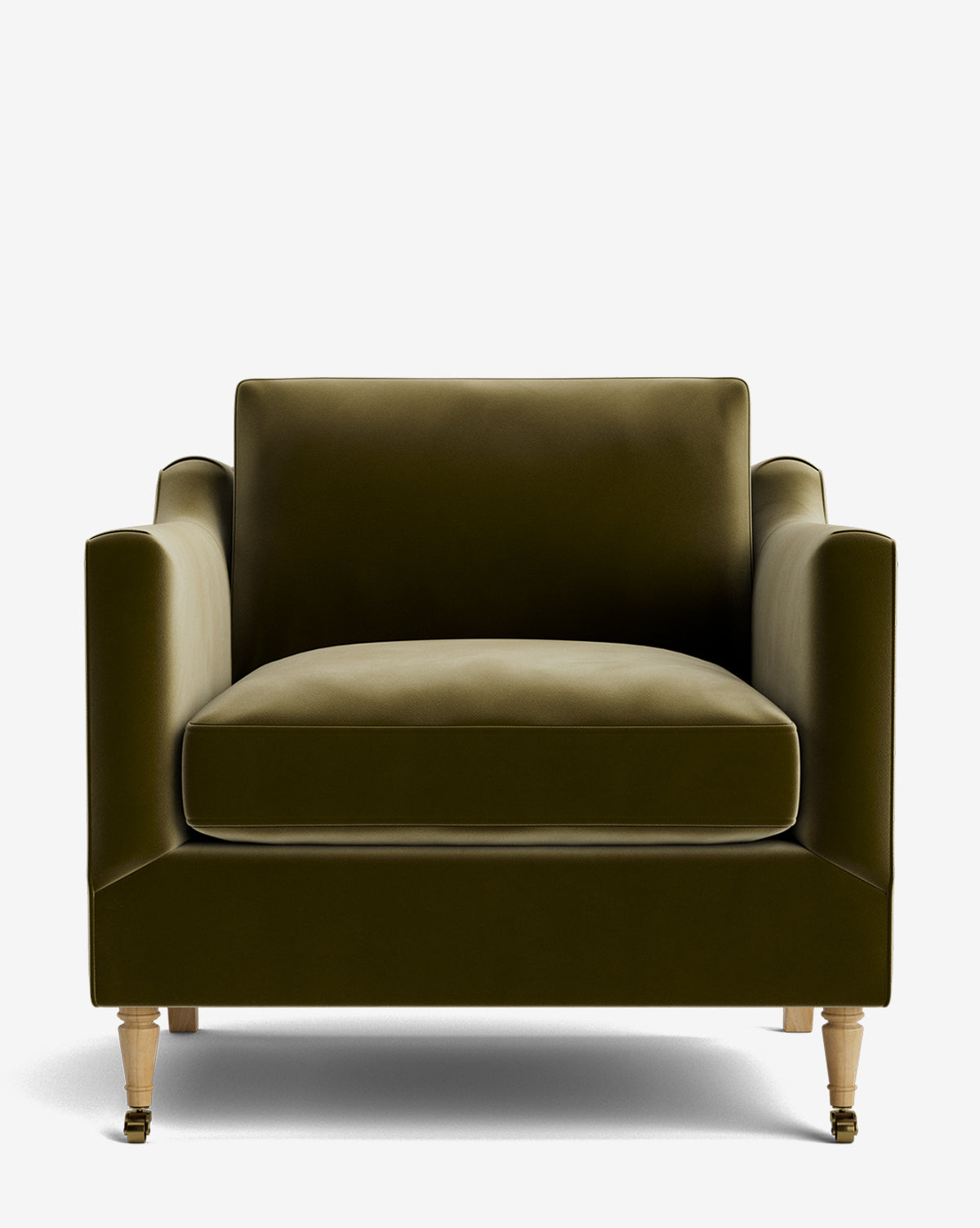 Front view of the Haverford Upholstered Lounge Chair in modern olive green with square arms, thick cushion, and light wooden legs—two legs have small black wheels. Shown against a plain white background, by McGee & Co.