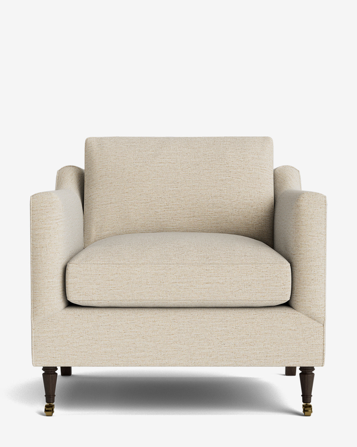 A front-facing view of the Haverford Upholstered Lounge Chair, featuring modern beige upholstery, wide arms, a plush seat cushion, and dark wooden legs with small brass casters, set against a plain white background by Vendixs