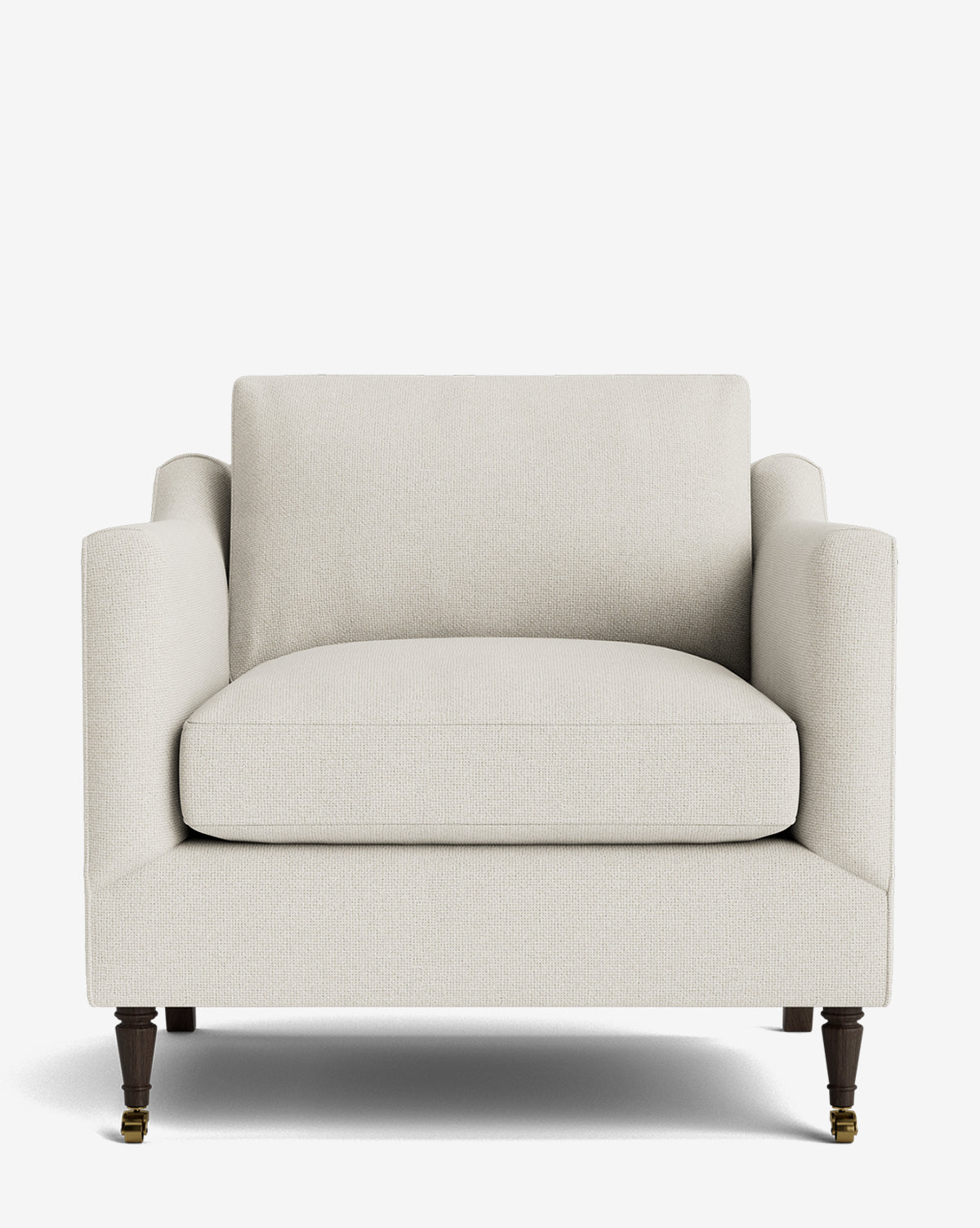 The Haverford Upholstered Lounge Chair features modern cream-colored upholstery, a wide cushioned seat, straight arms, and dark wooden legs with brass casters on the front, shown against a plain white background by McGee & Co.