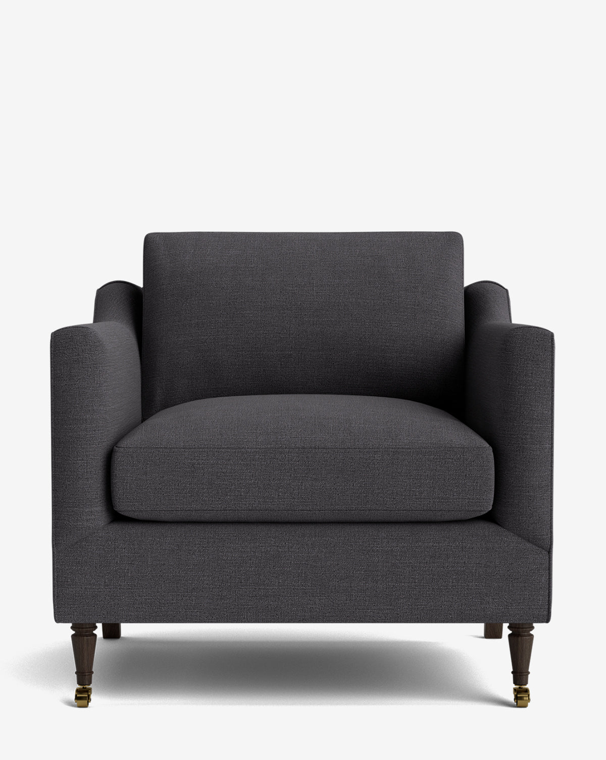 The Haverford Upholstered Lounge Chair features dark gray upholstery, straight arms, a wide seat cushion, and dark wooden legs with brass casters, displayed against a plain white background by McGee & Co.