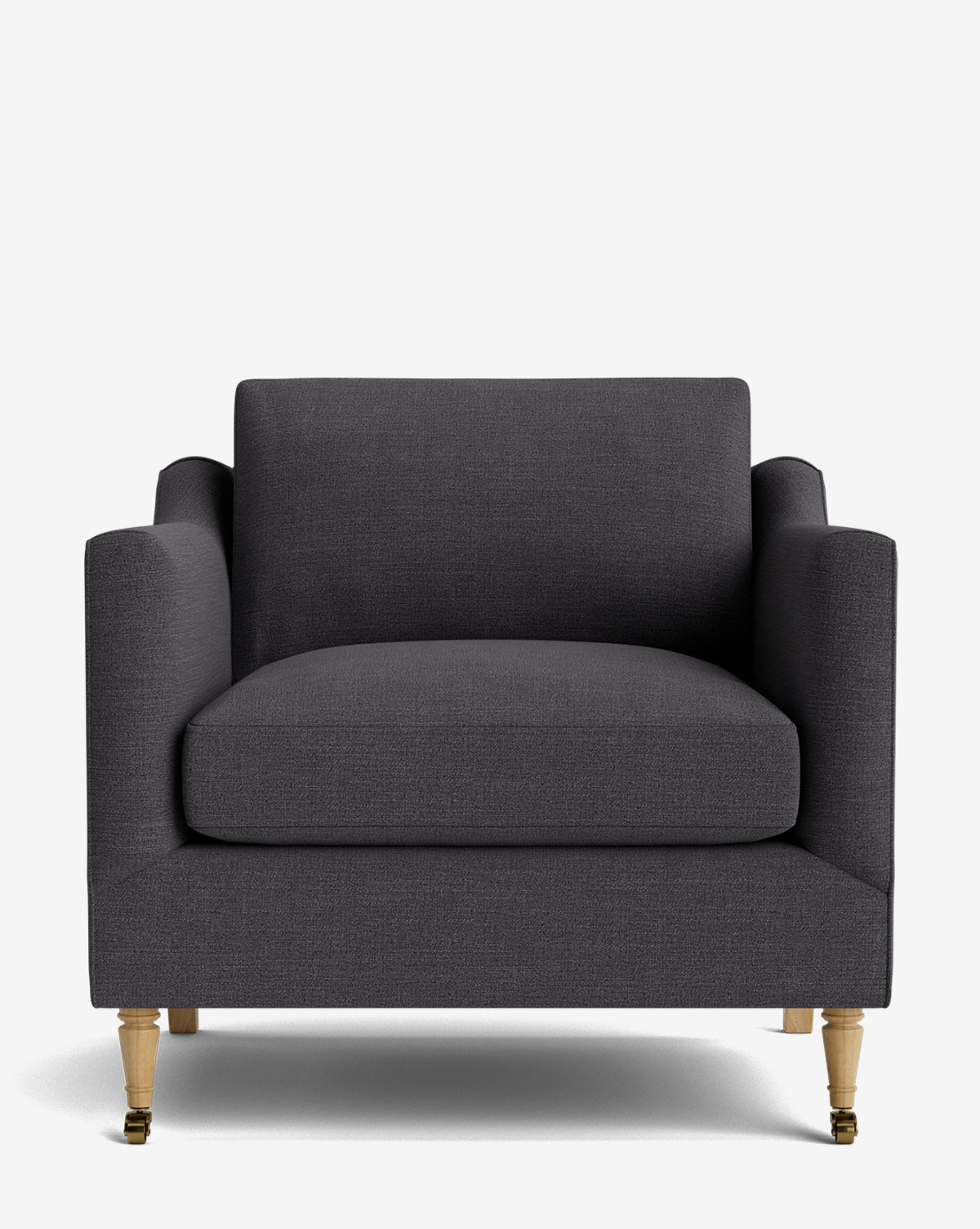 The Haverford Upholstered Lounge Chair features a modern, dark gray design with square arms and wooden front legs on casters, shown against a plain white background by McGee & Co.