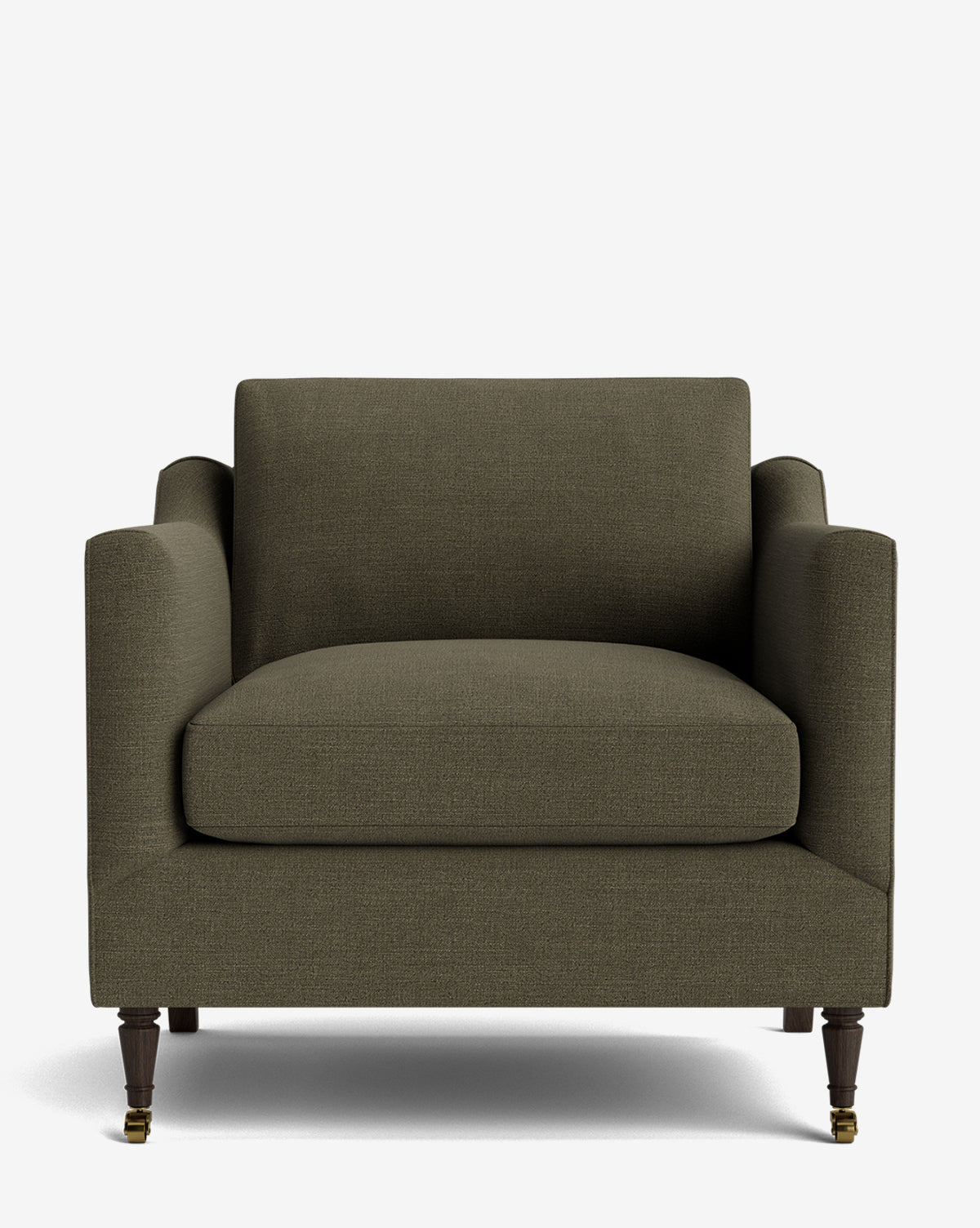 The Haverford Upholstered Lounge Chair, shown against a plain white background, is modern and handcrafted with olive green fabric, square arms, a wide seat cushion, and dark wooden legs featuring brass caster wheels on the front, by McGee & Co.